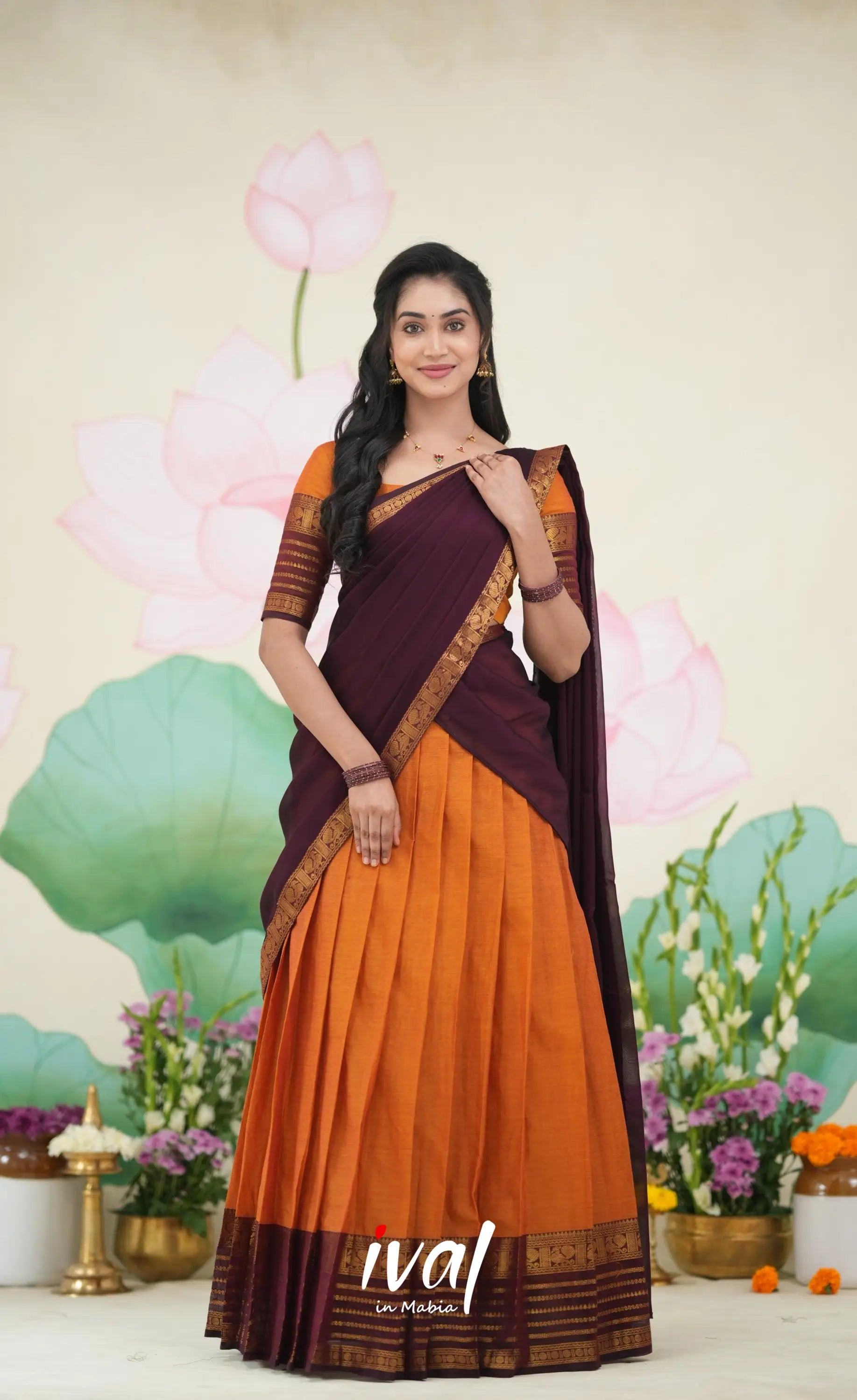 Padmaja Cotton Half Saree Orange and Deep wine Half Sarees