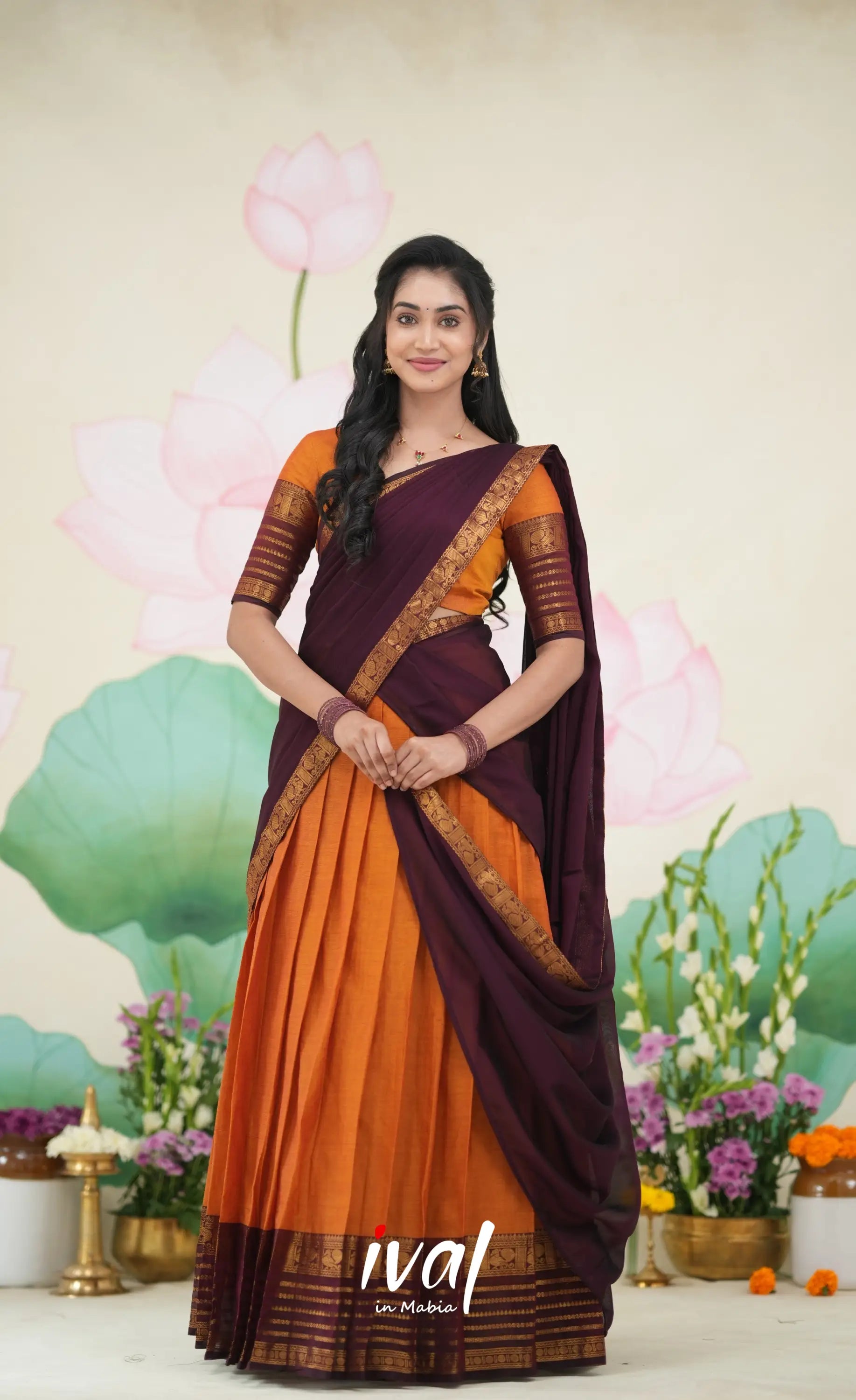 Padmaja Cotton Half Saree Orange and Deep wine Half Sarees