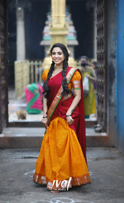 Padmaja Cotton Half Saree - Orange And Red Sarees