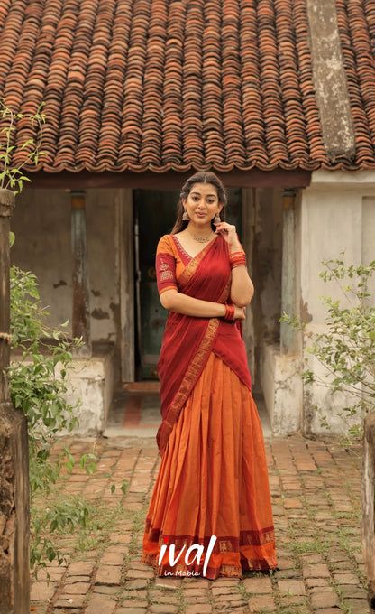 Padmaja Cotton Half Saree - Orange and Red Half Sarees