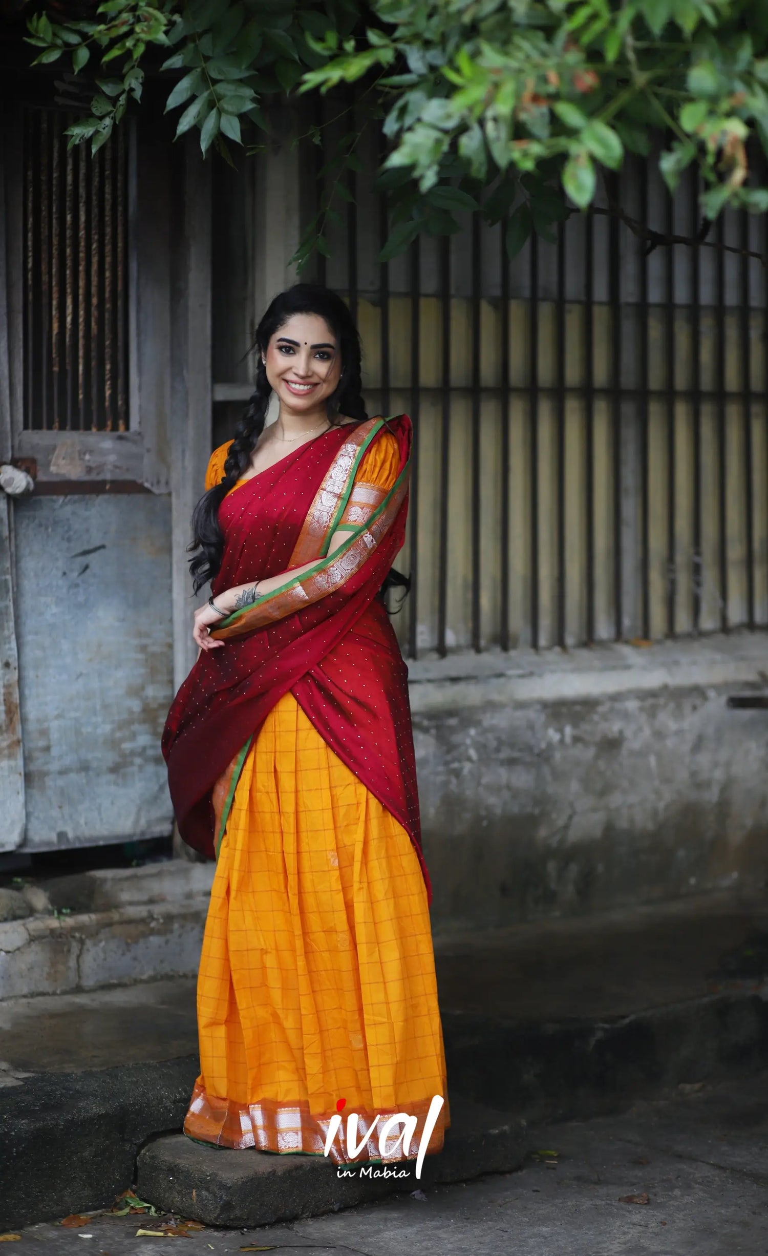 Padmaja Cotton Half Saree - Orange And Red Sarees