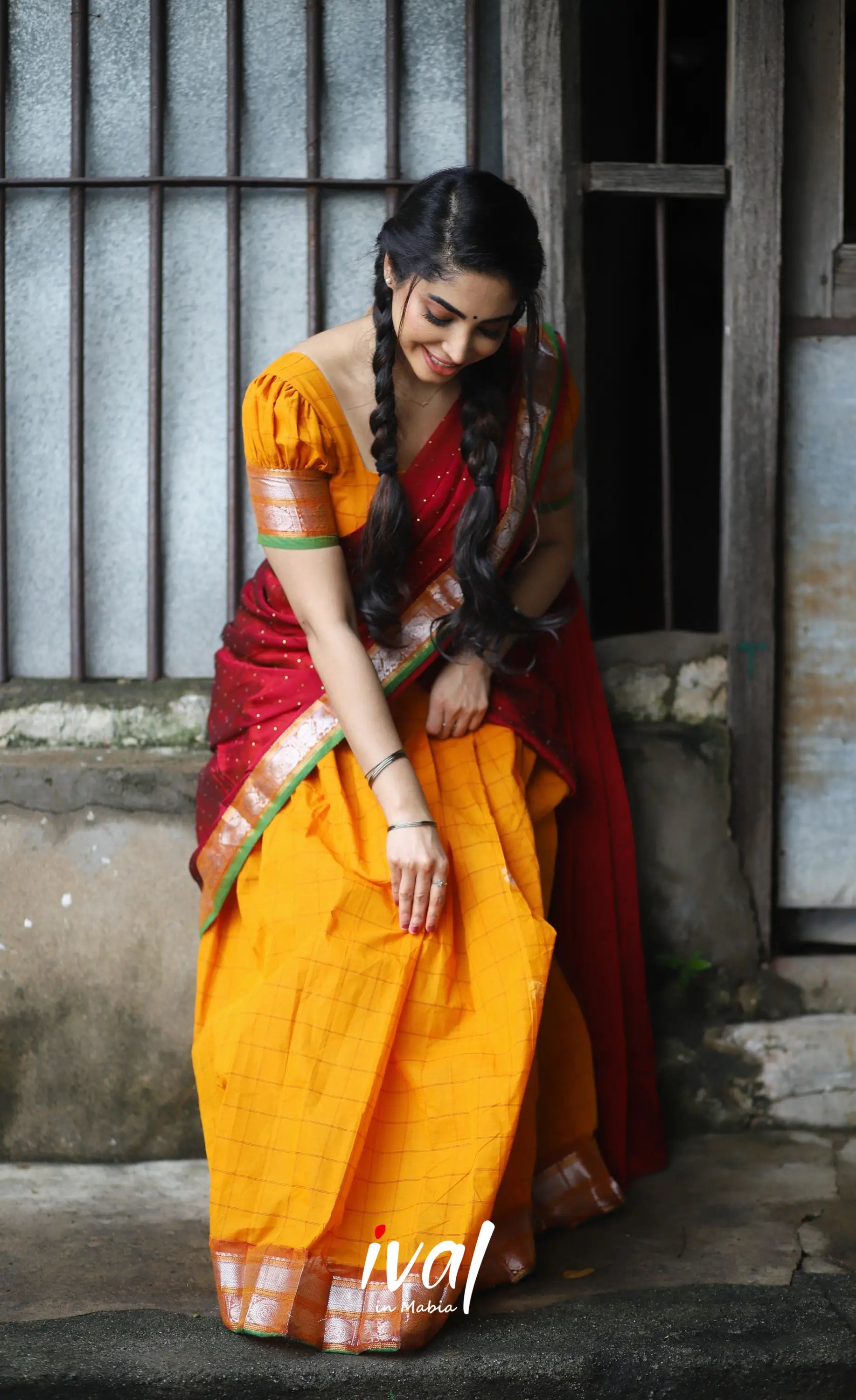 Padmaja Cotton Half Saree - Orange And Red Sarees