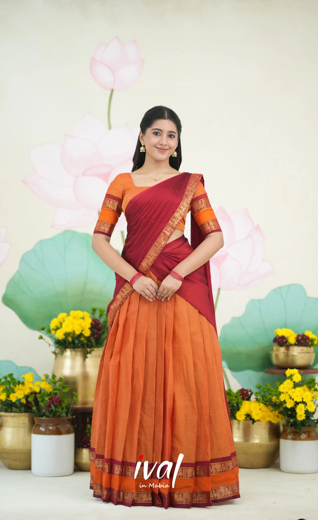 Padmaja Cotton Half Saree - Orange and Red Half Sarees
