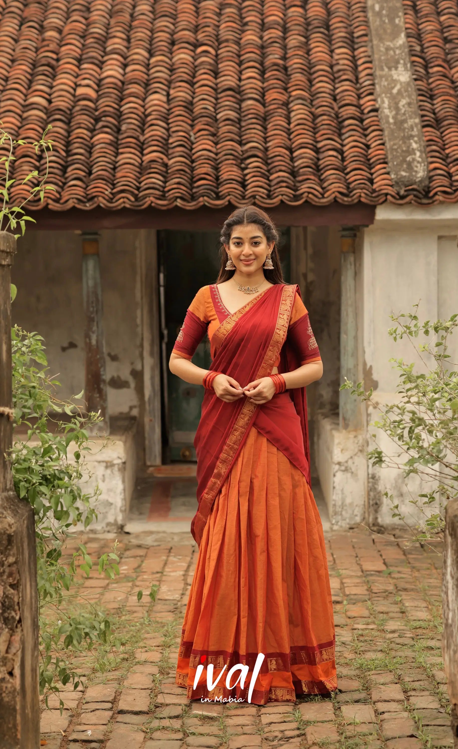 Padmaja Cotton Half Saree - Orange and Red Half Sarees