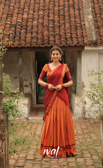 Padmaja Cotton Half Saree - Orange and Red Half Sarees