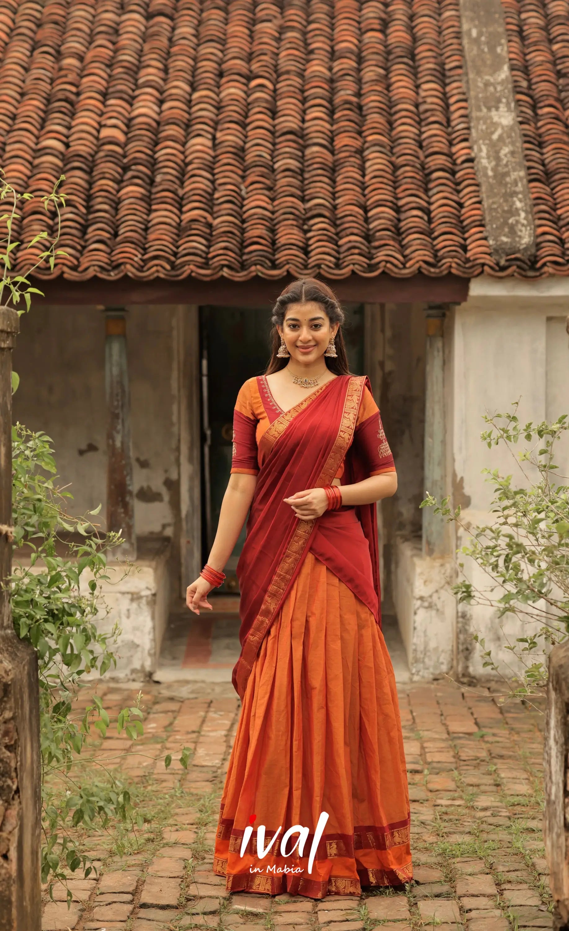 Padmaja Cotton Half Saree - Orange and Red Half Sarees