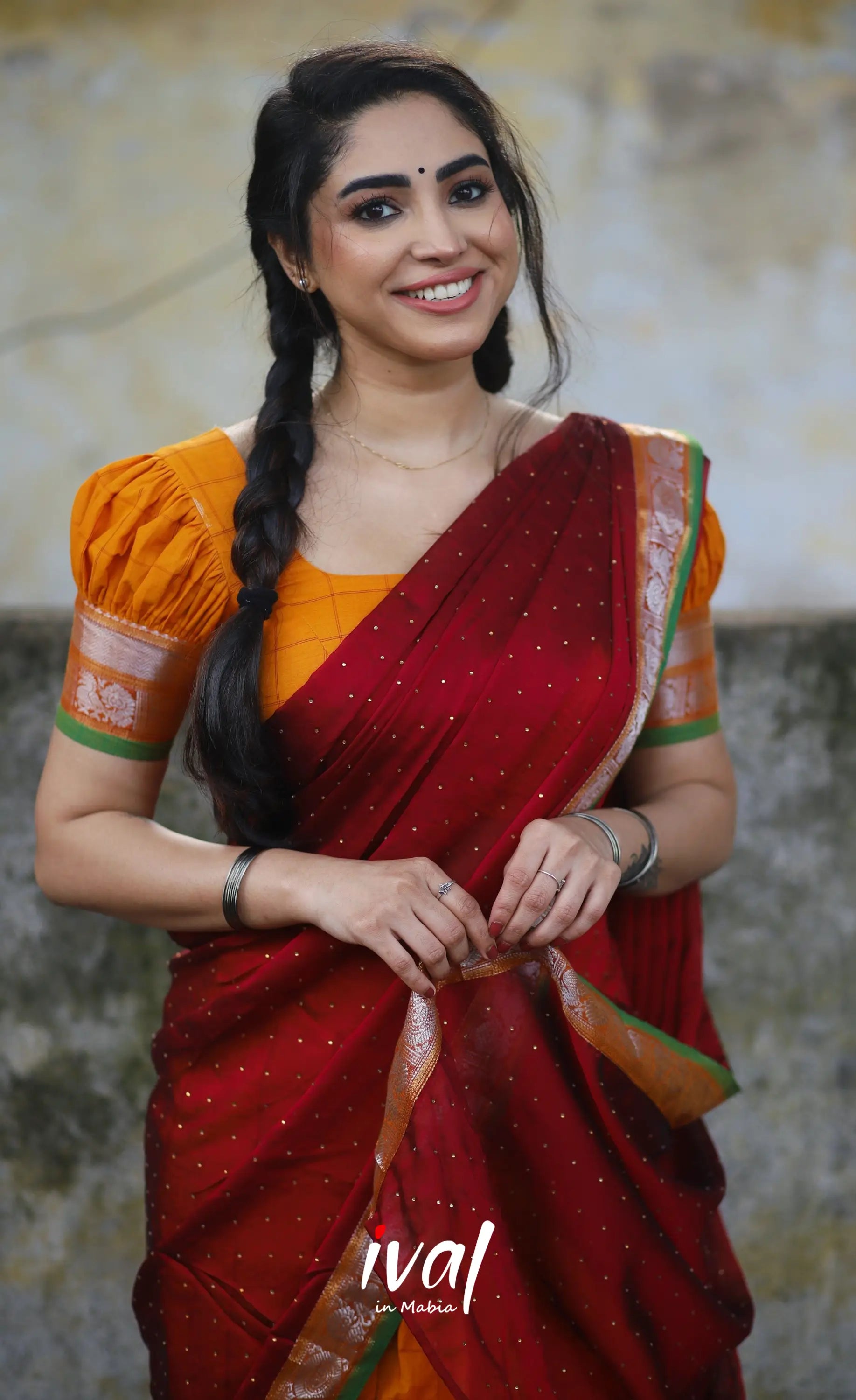 Padmaja Cotton Half Saree - Orange And Red Sarees