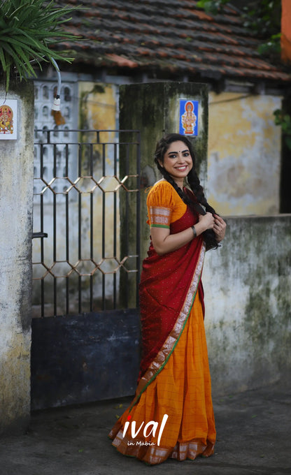 Padmaja Cotton Half Saree - Orange And Red Sarees