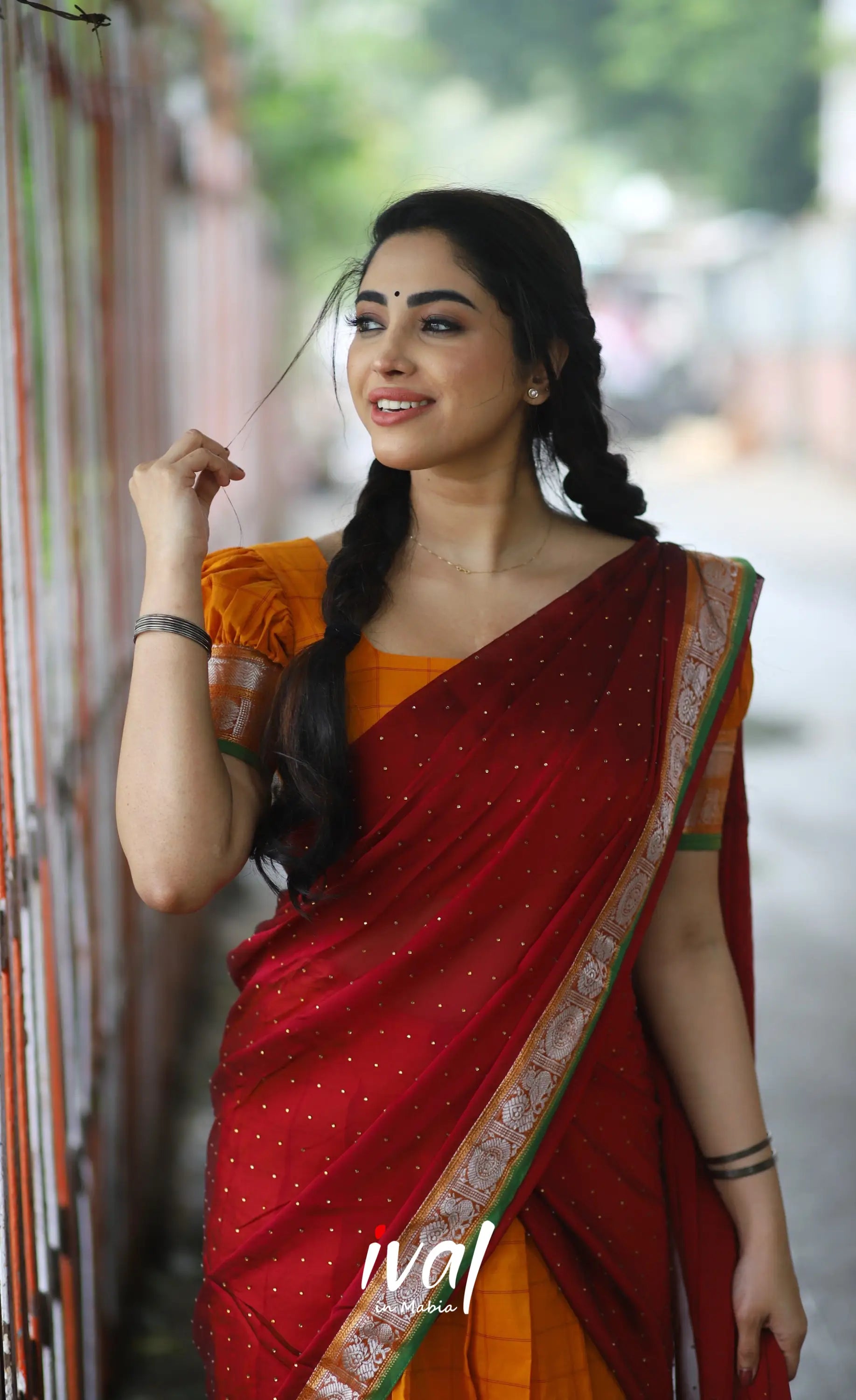 Padmaja Cotton Half Saree - Orange And Red Sarees