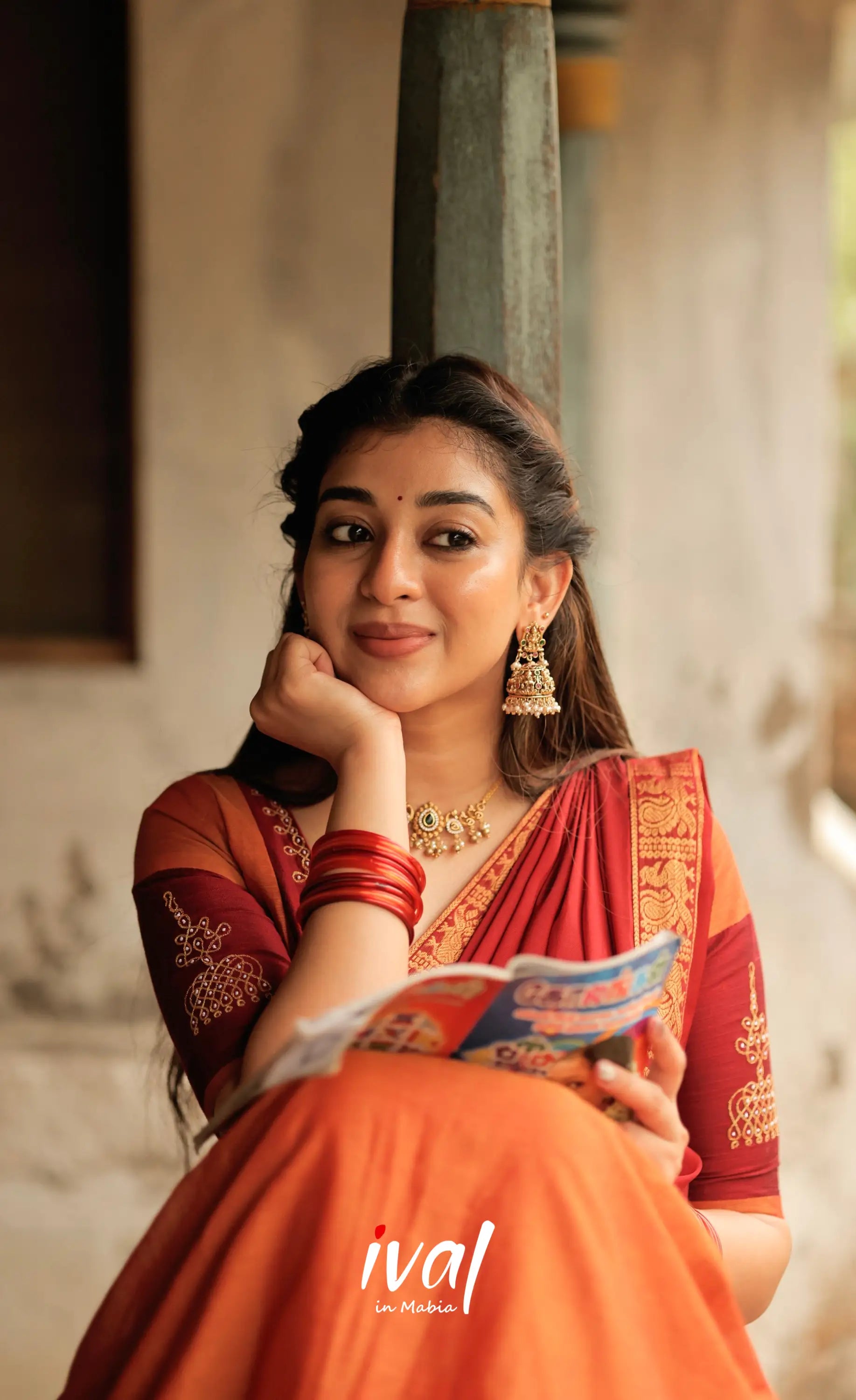 Padmaja Cotton Half Saree - Orange and Red Half Sarees