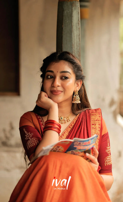 Padmaja Cotton Half Saree - Orange and Red Half Sarees