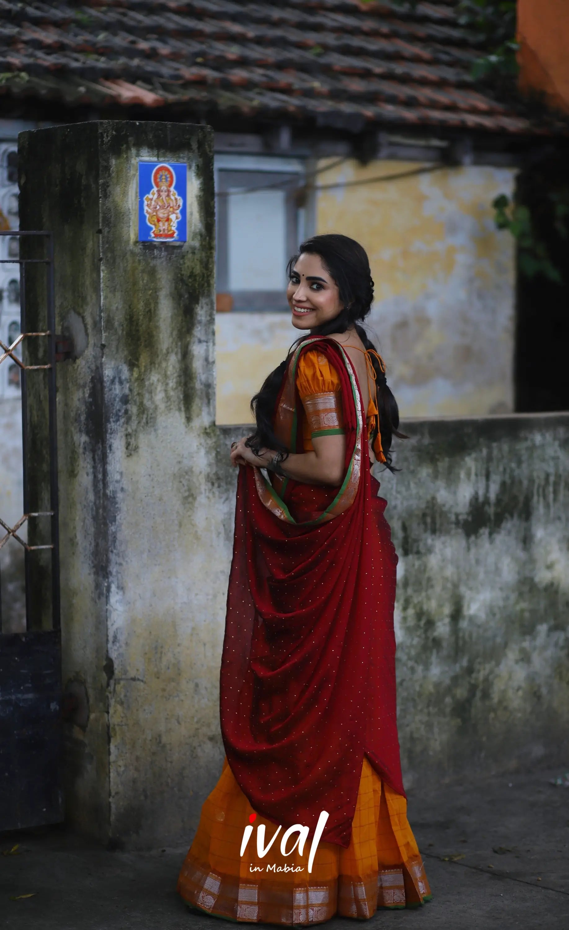 Padmaja Cotton Half Saree - Orange And Red Sarees