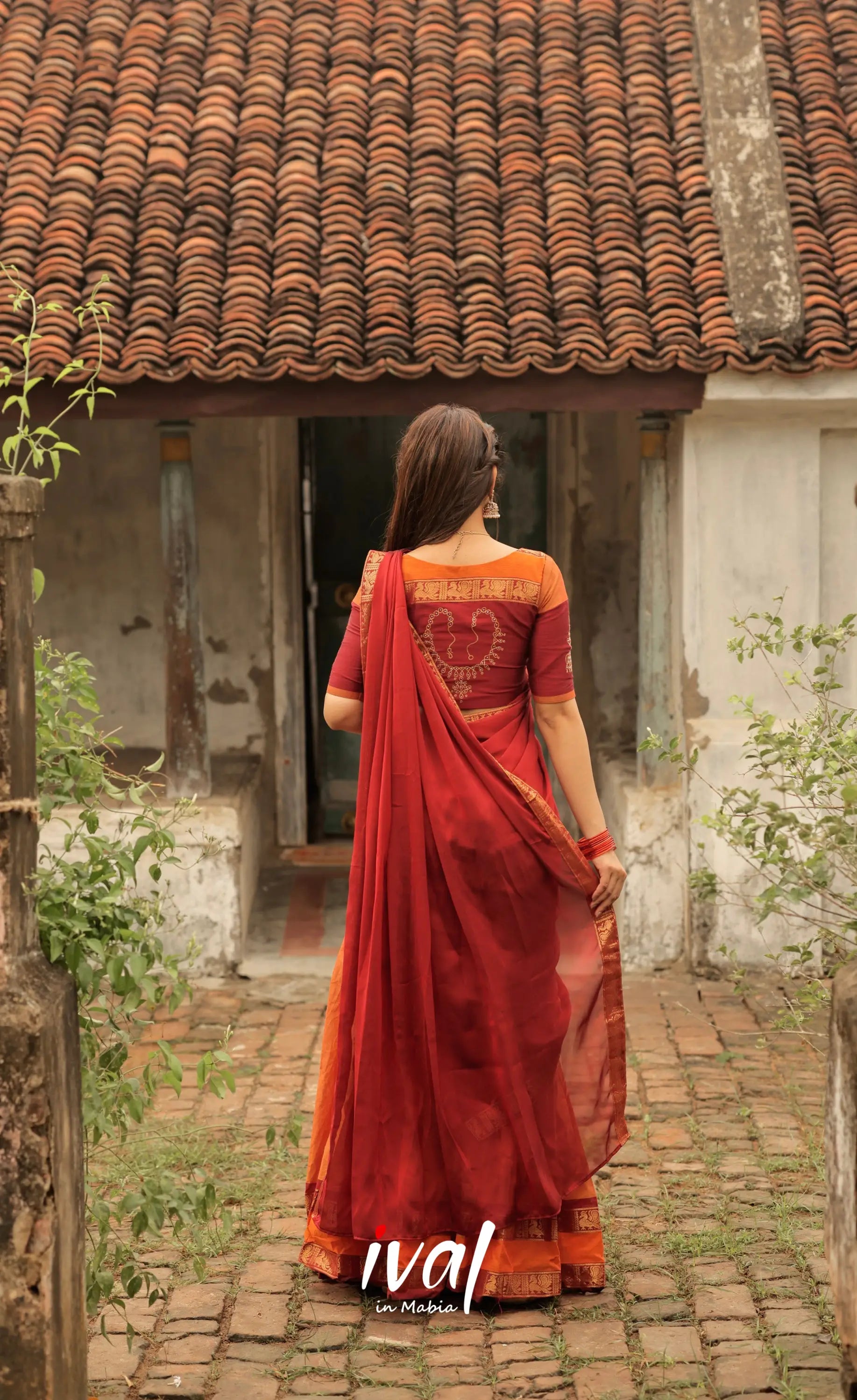 Padmaja Cotton Half Saree - Orange and Red Half Sarees