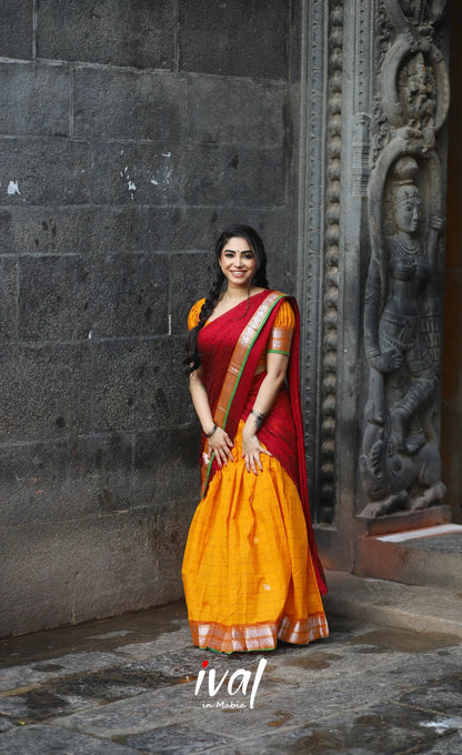 Padmaja Cotton Half Saree - Orange And Red Sarees