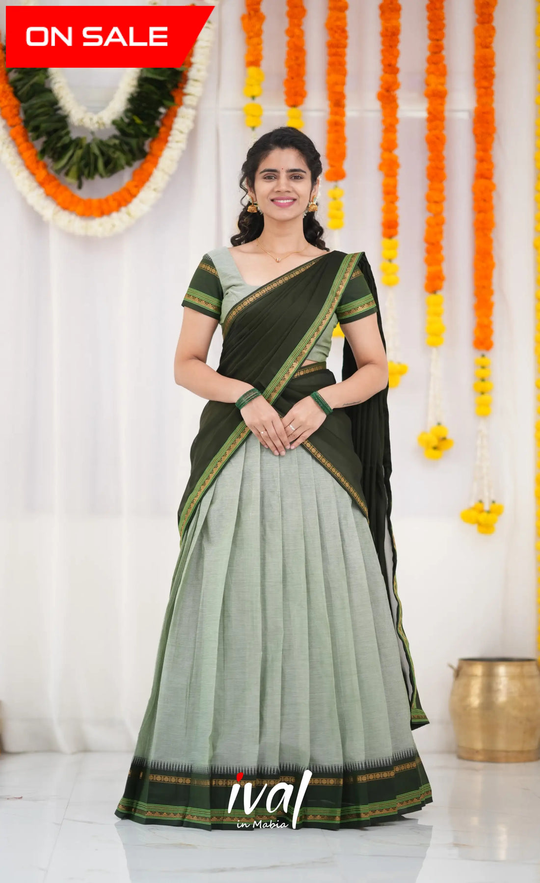 Padmaja Cotton Half Saree - Pastel Green and Dark Green Half Sarees