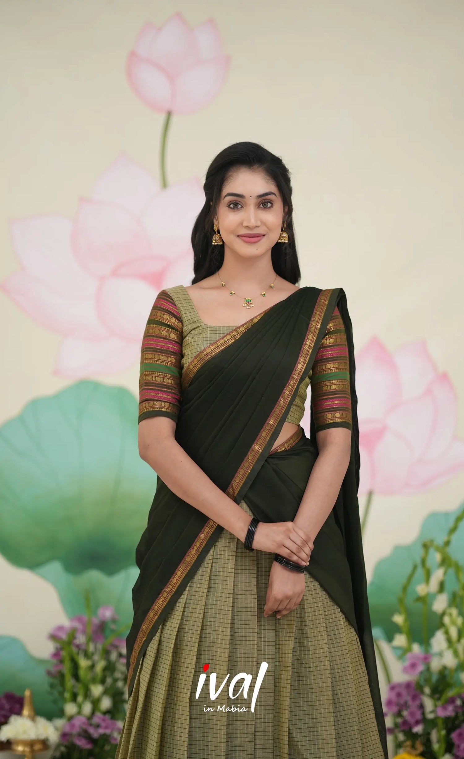 Padmaja Cotton Half Saree Pastel Green and Olive Half Sarees