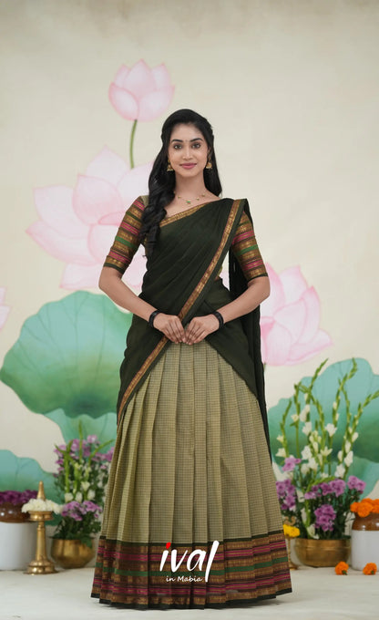Padmaja Cotton Half Saree Pastel Green and Olive Half Sarees