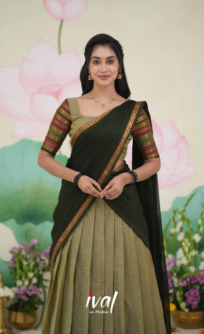 Padmaja Cotton Half Saree Pastel Green and Olive Half Sarees