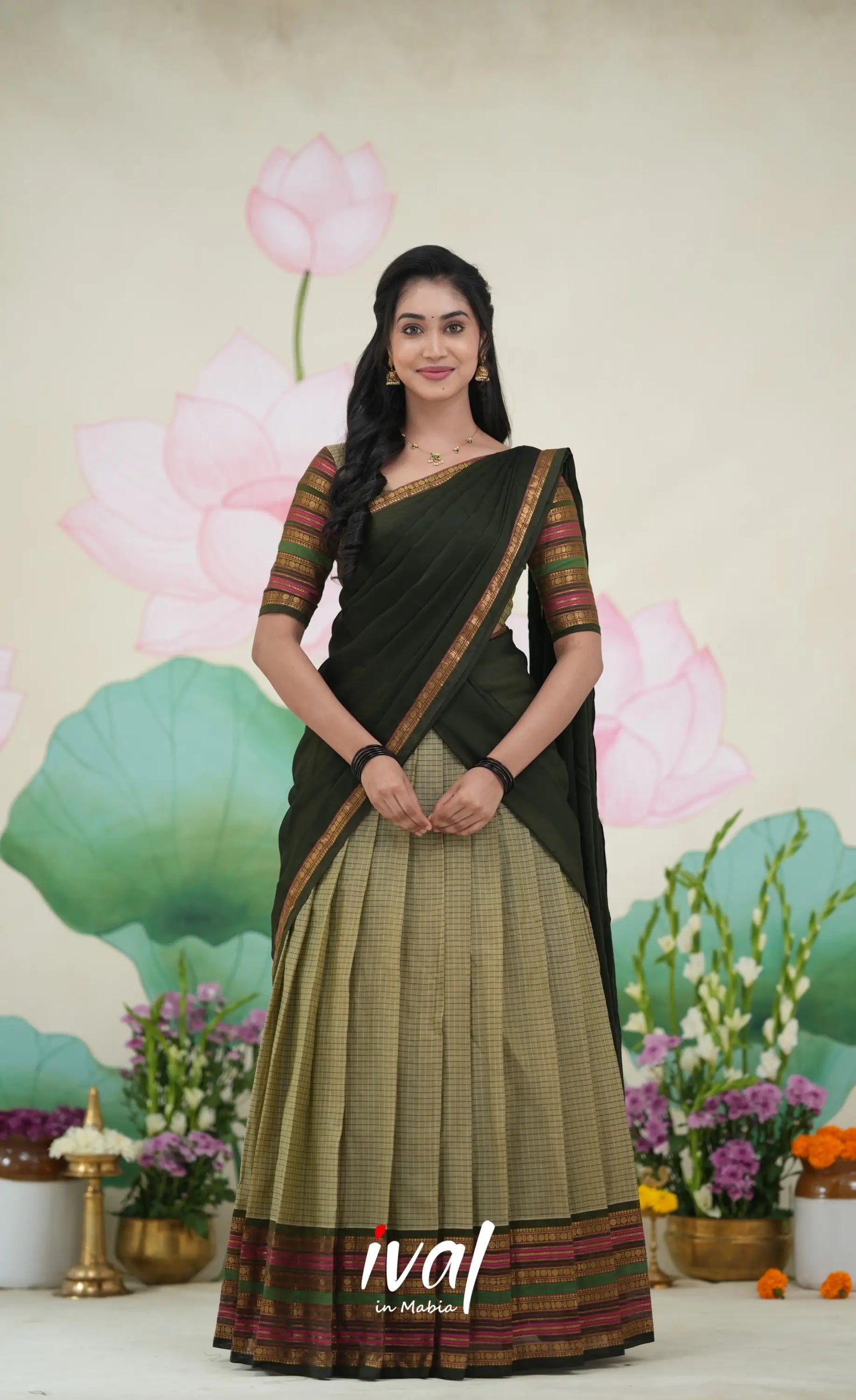 Padmaja Cotton Half Saree Pastel Green and Olive Half Sarees