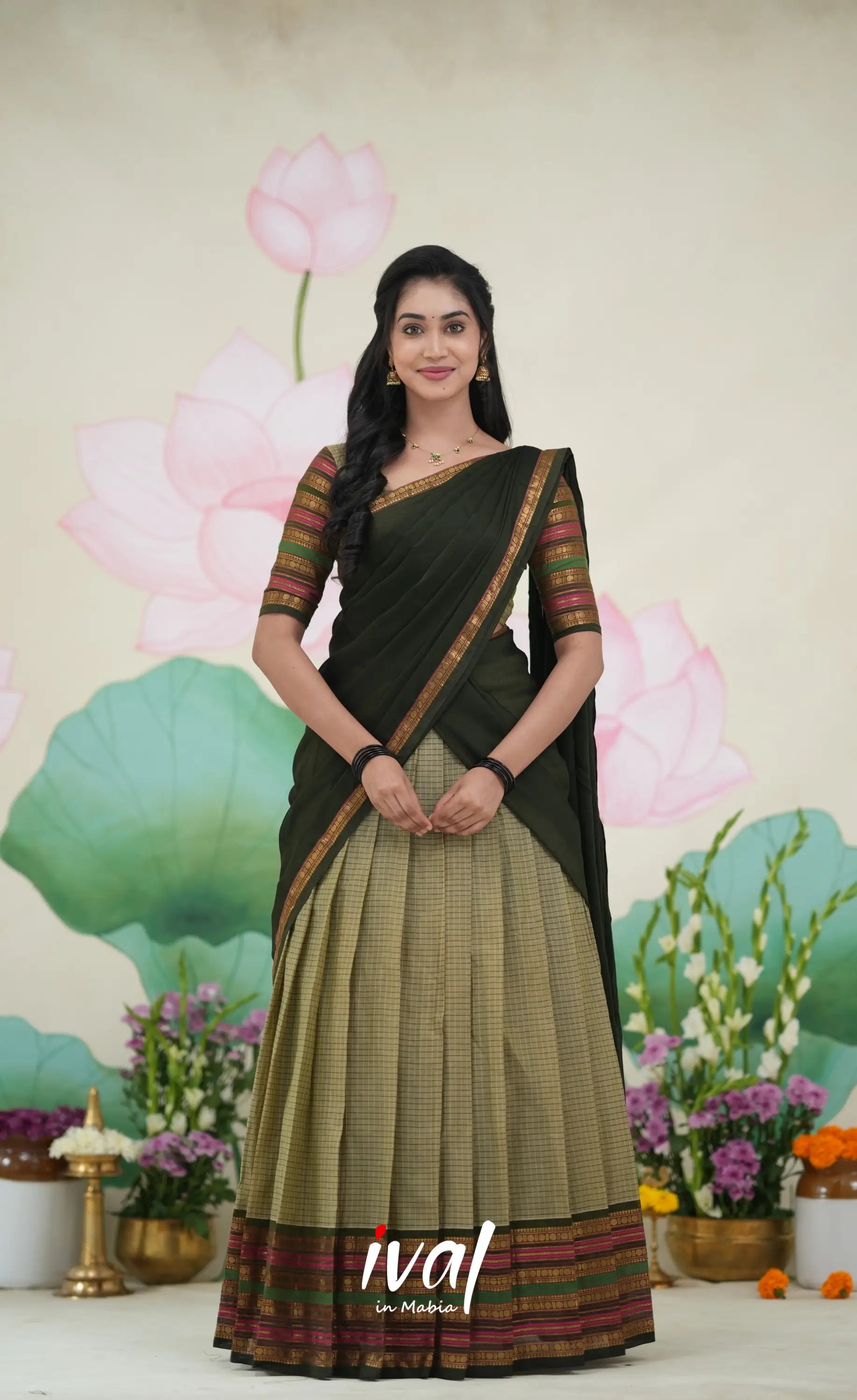 Padmaja Cotton Half Saree Pastel Green and Olive Half Sarees