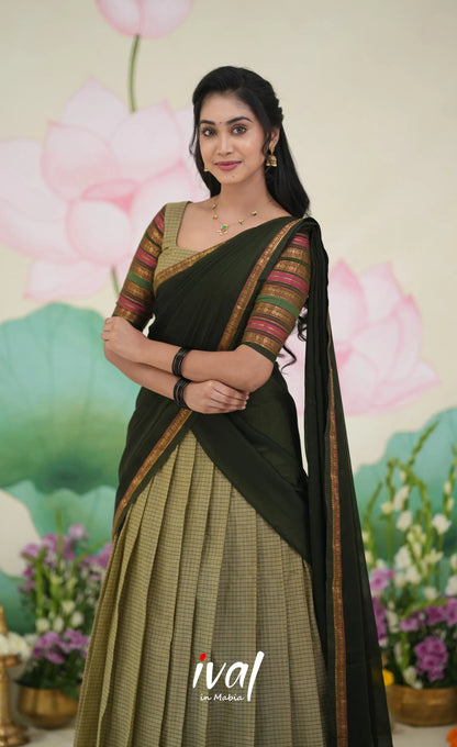 Padmaja Cotton Half Saree Pastel Green and Olive Half Sarees