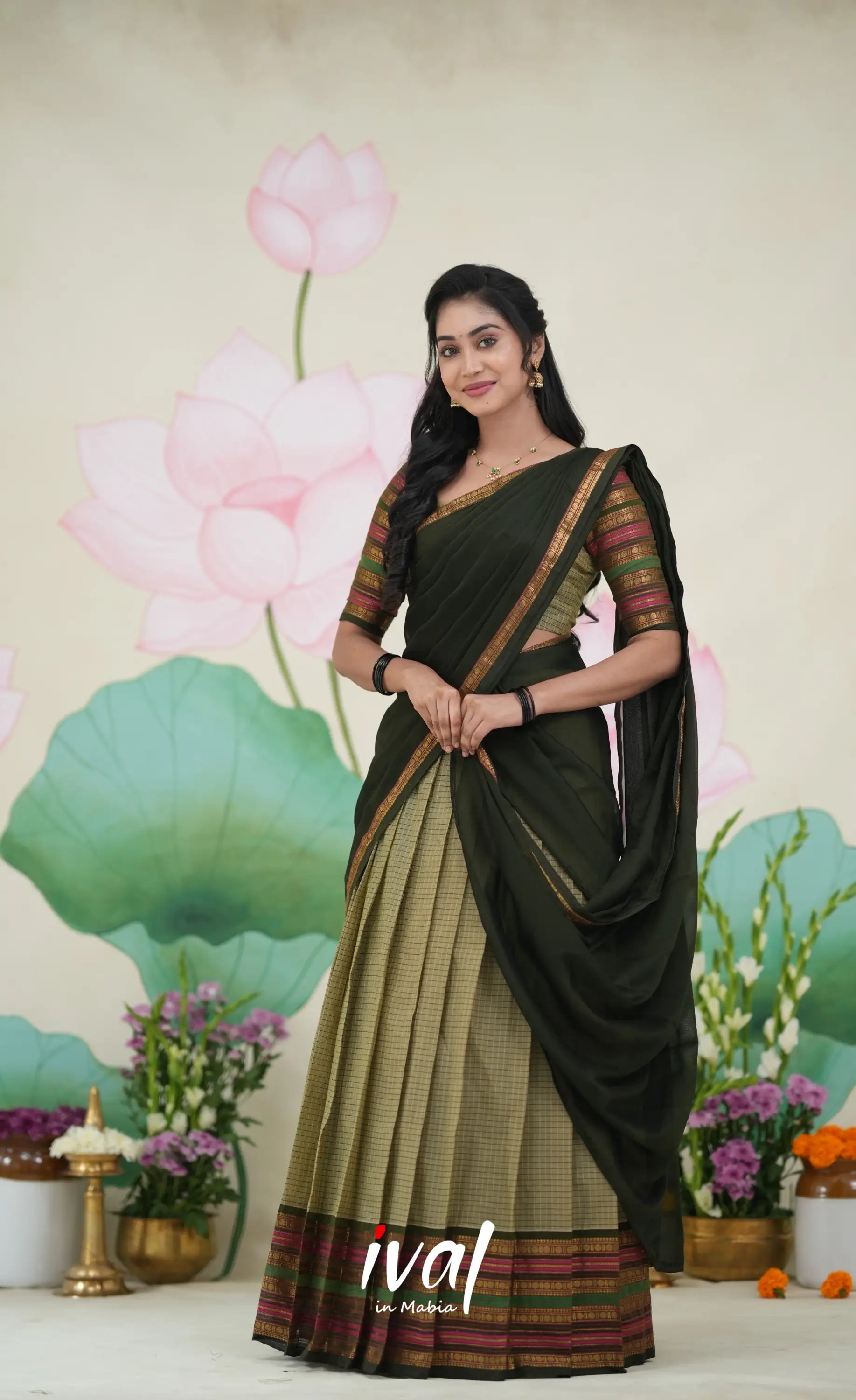 Padmaja Cotton Half Saree Pastel Green and Olive Half Sarees