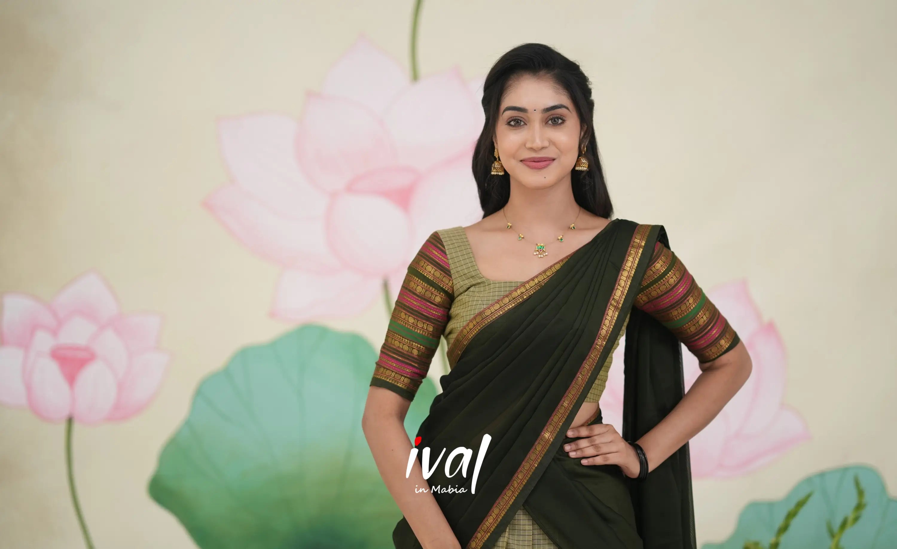 Padmaja Cotton Half Saree Pastel Green and Olive Half Sarees