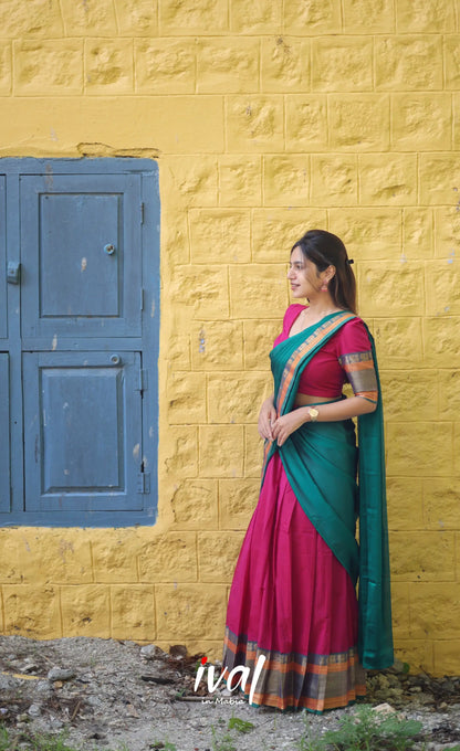 Padmaja Cotton Half Saree - Pink And Teal Green Sarees