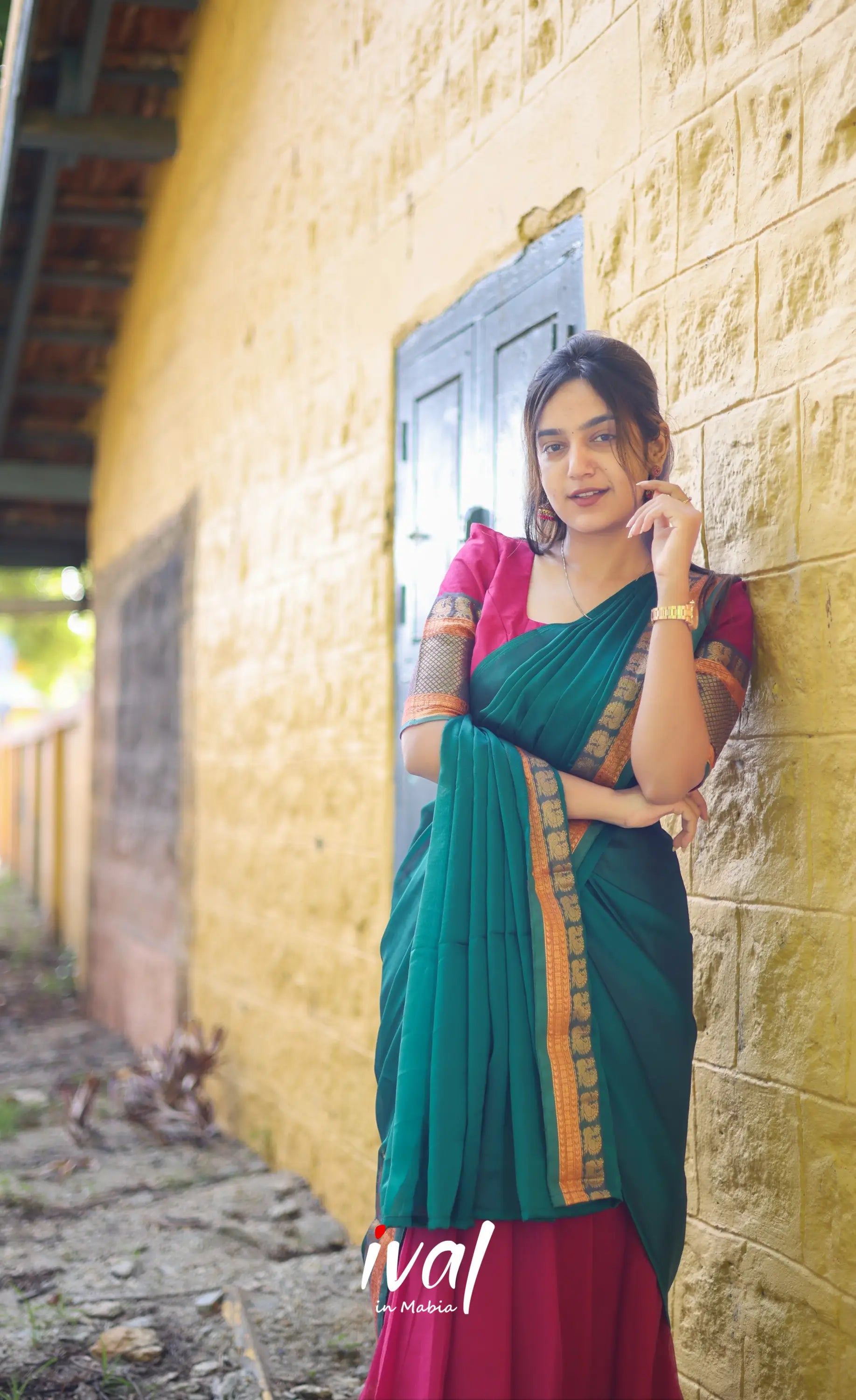 Padmaja Cotton Half Saree - Pink And Teal Green Sarees