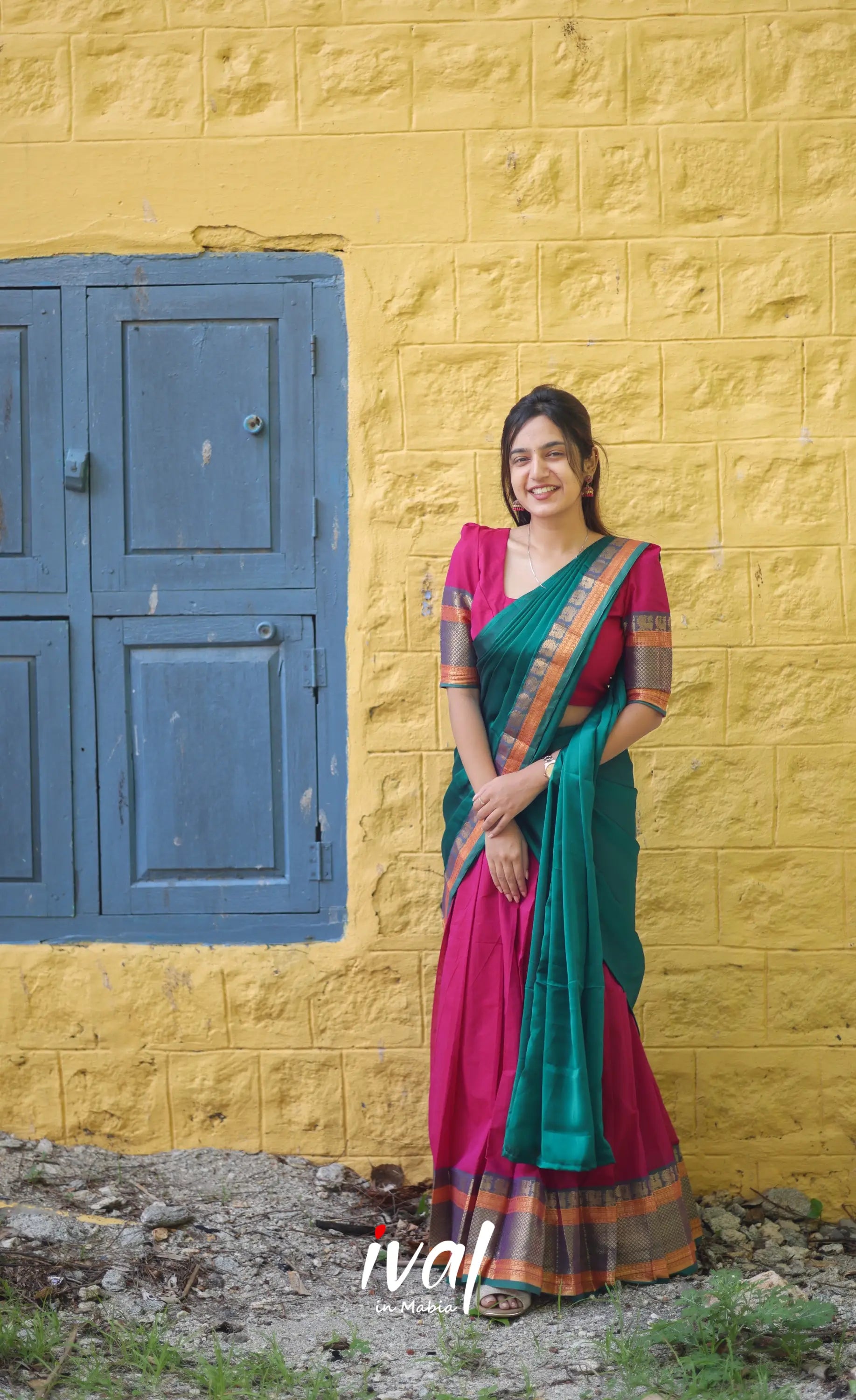 Padmaja Cotton Half Saree - Pink And Teal Green Sarees