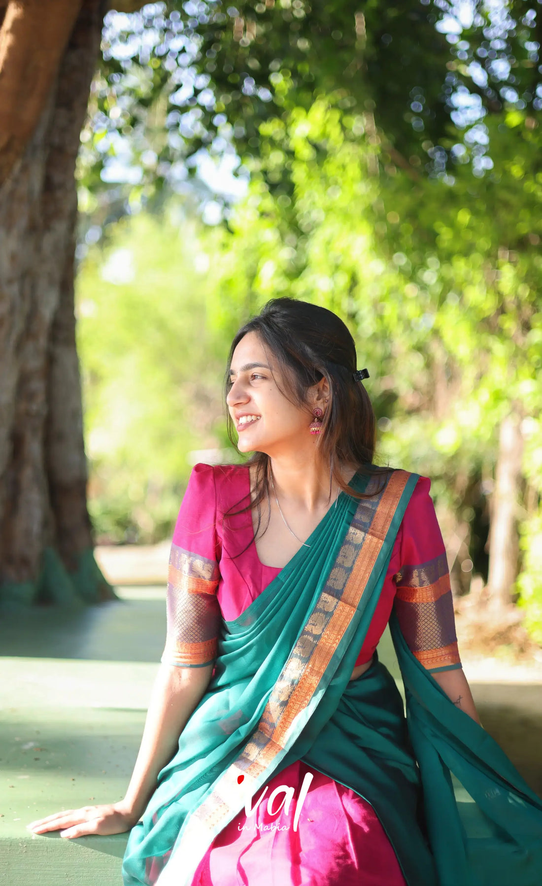 Padmaja Cotton Half Saree - Pink And Teal Green Sarees