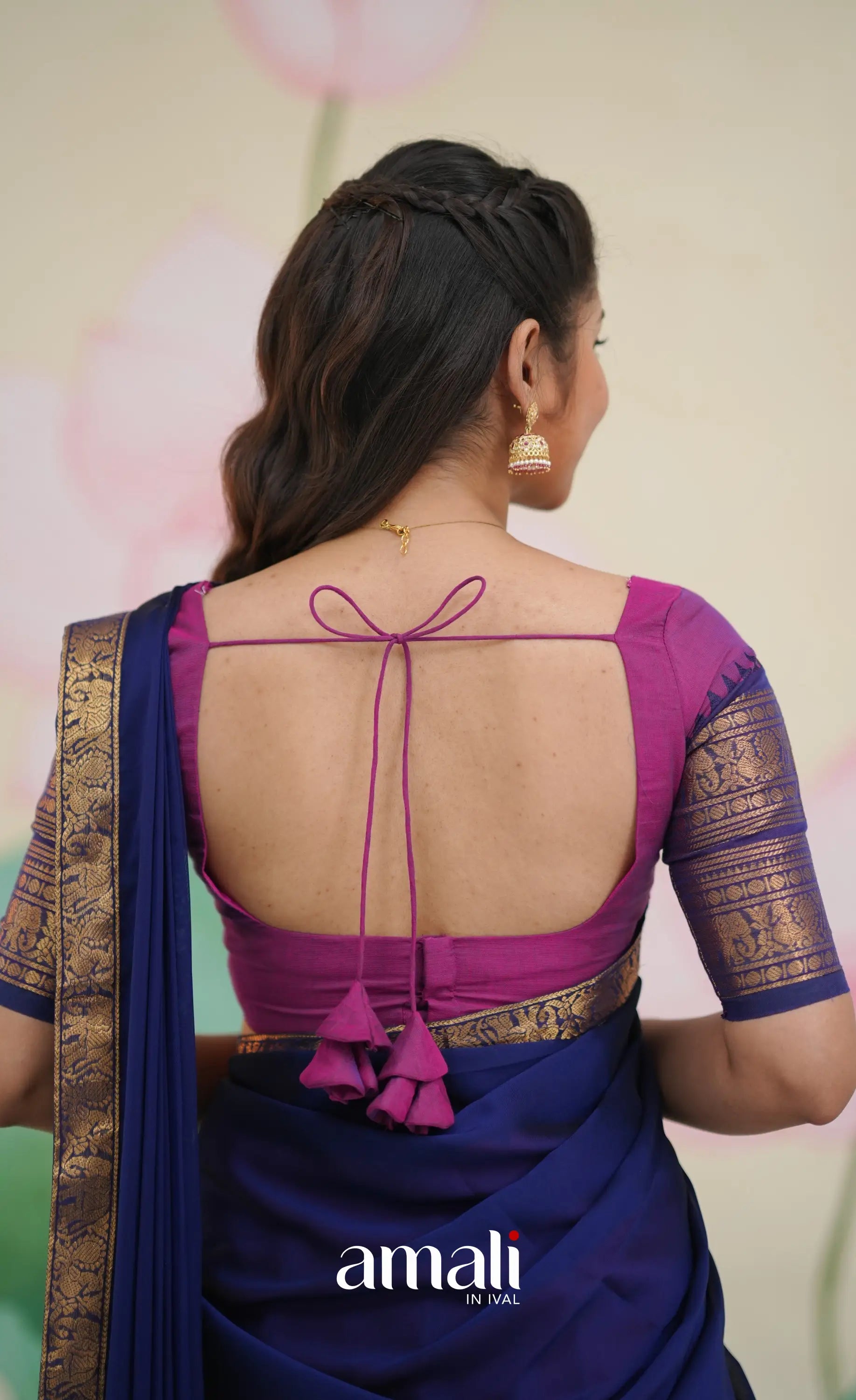Padmaja Cotton Half Saree - Pinkish Magenta and Navy Blue - Half Sarees