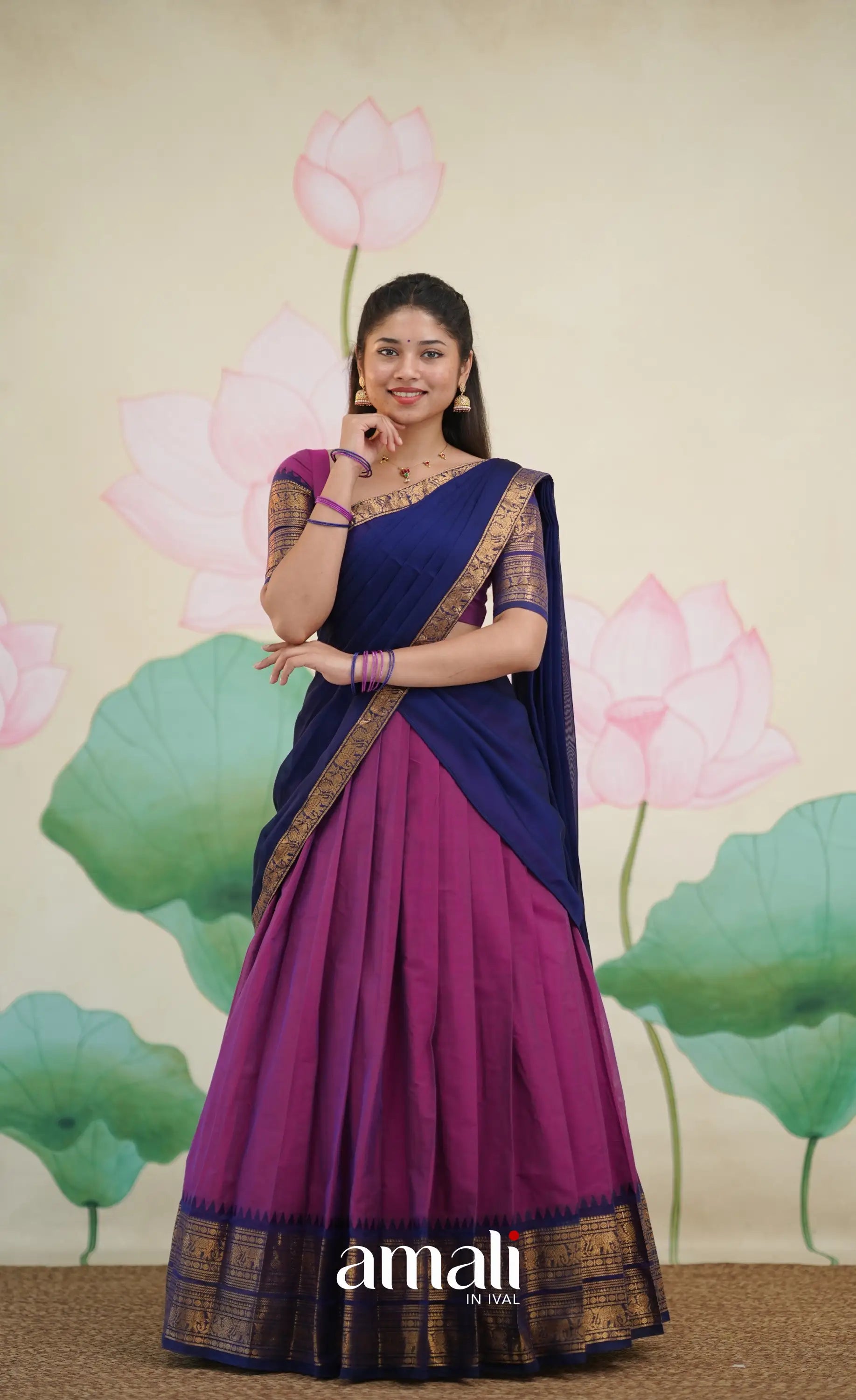 Padmaja Cotton Half Saree - Pinkish Magenta and Navy Blue - Half Sarees