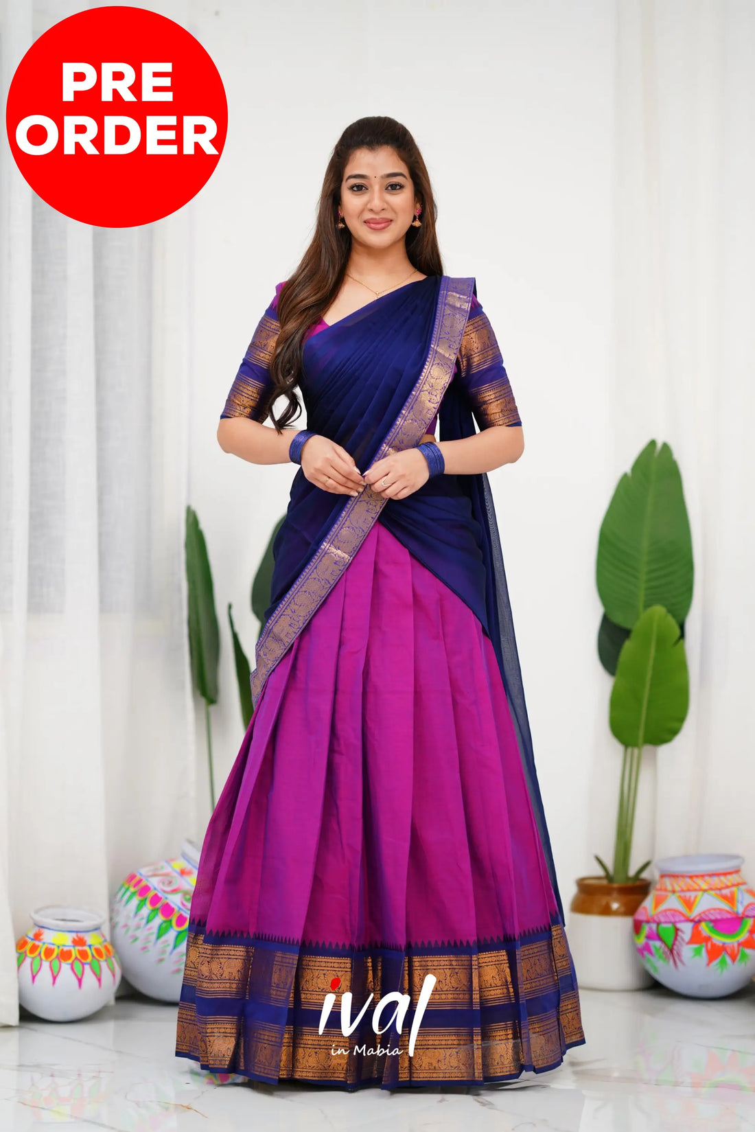 Padmaja Cotton Half Saree - Pinkish Magenta And Navy Blue Sarees