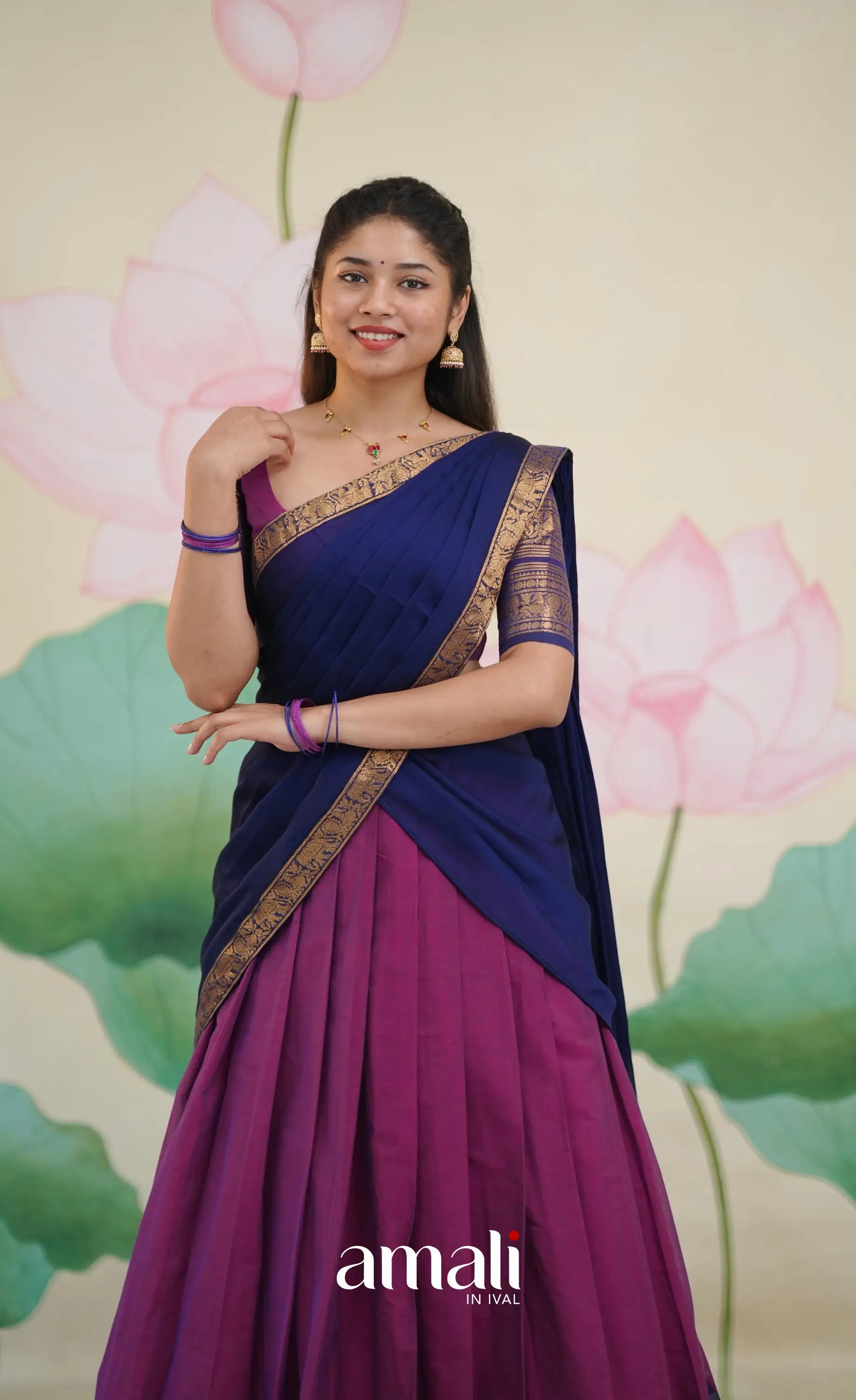 Padmaja Cotton Half Saree - Pinkish Magenta and Navy Blue - Half Sarees