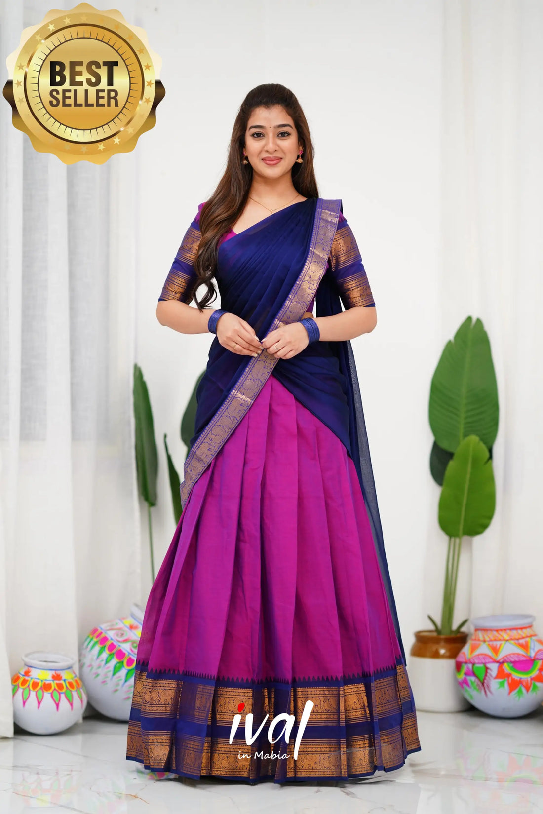 Padmaja Cotton Half Saree - Pinkish Magenta And Navy Blue Sarees