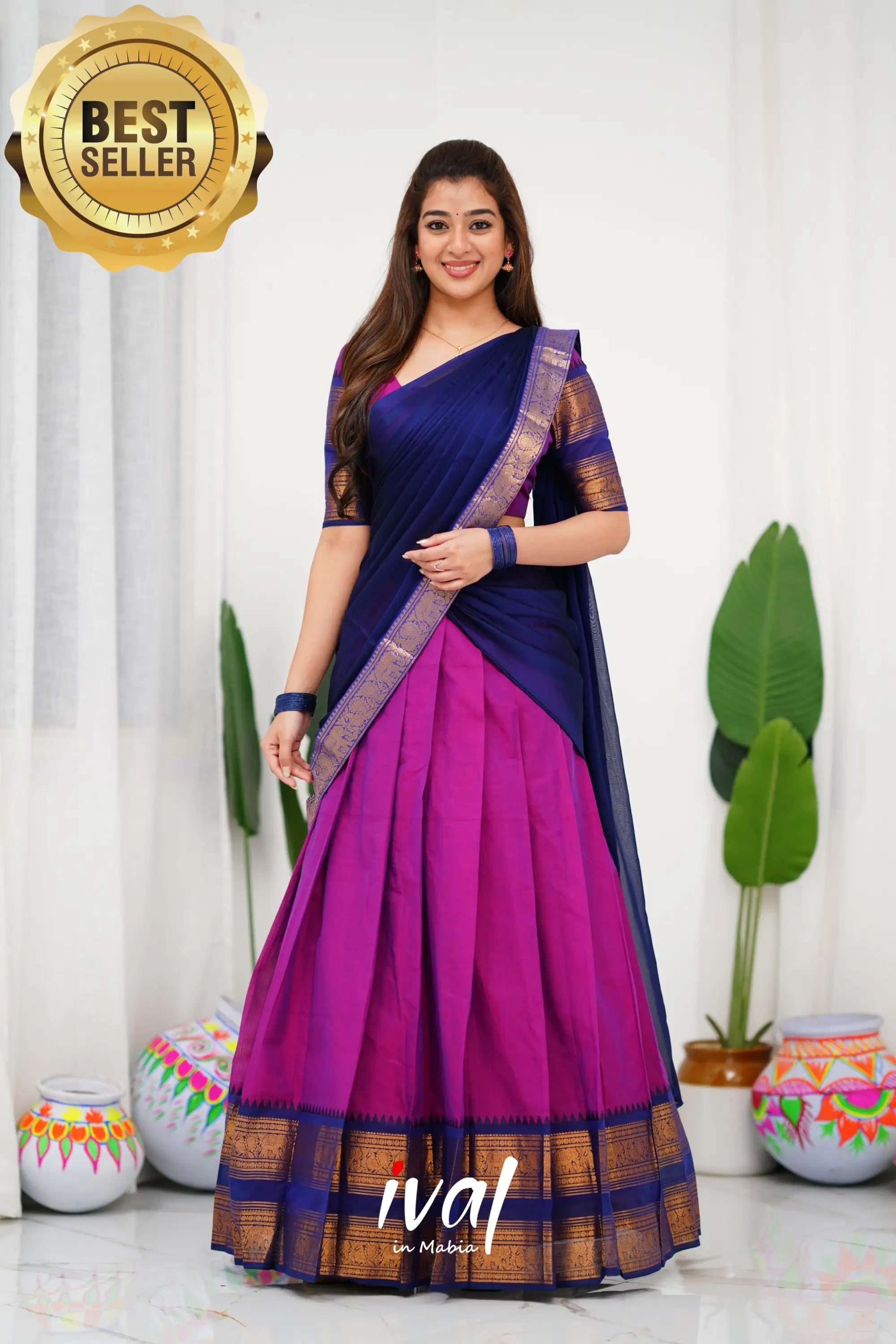 Padmaja Cotton Half Saree - Pinkish Magenta And Navy Blue Sarees