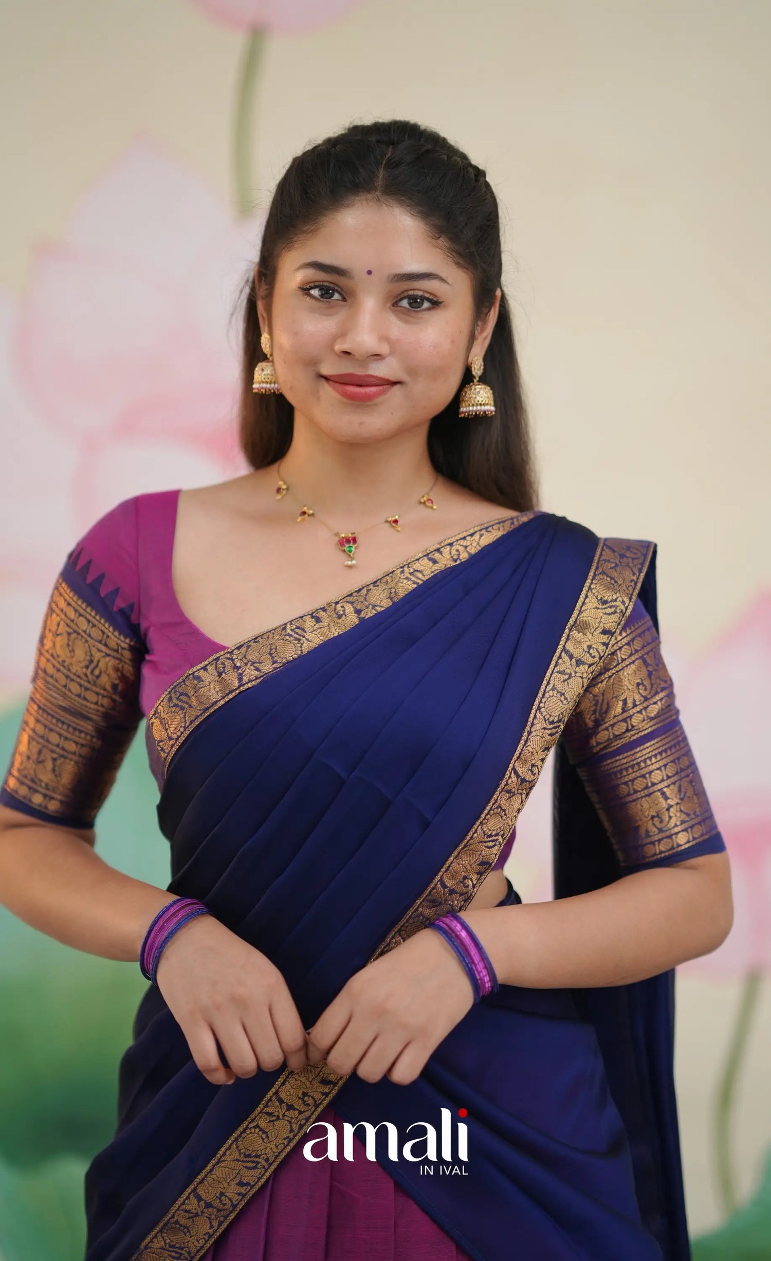Padmaja Cotton Half Saree - Pinkish Magenta and Navy Blue - Half Sarees