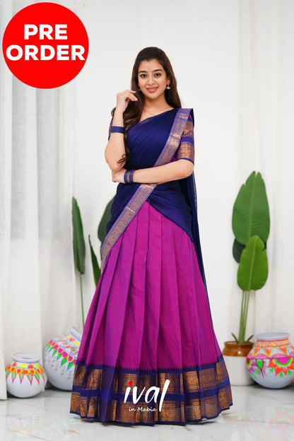 Padmaja Cotton Half Saree - Pinkish Magenta And Navy Blue Sarees