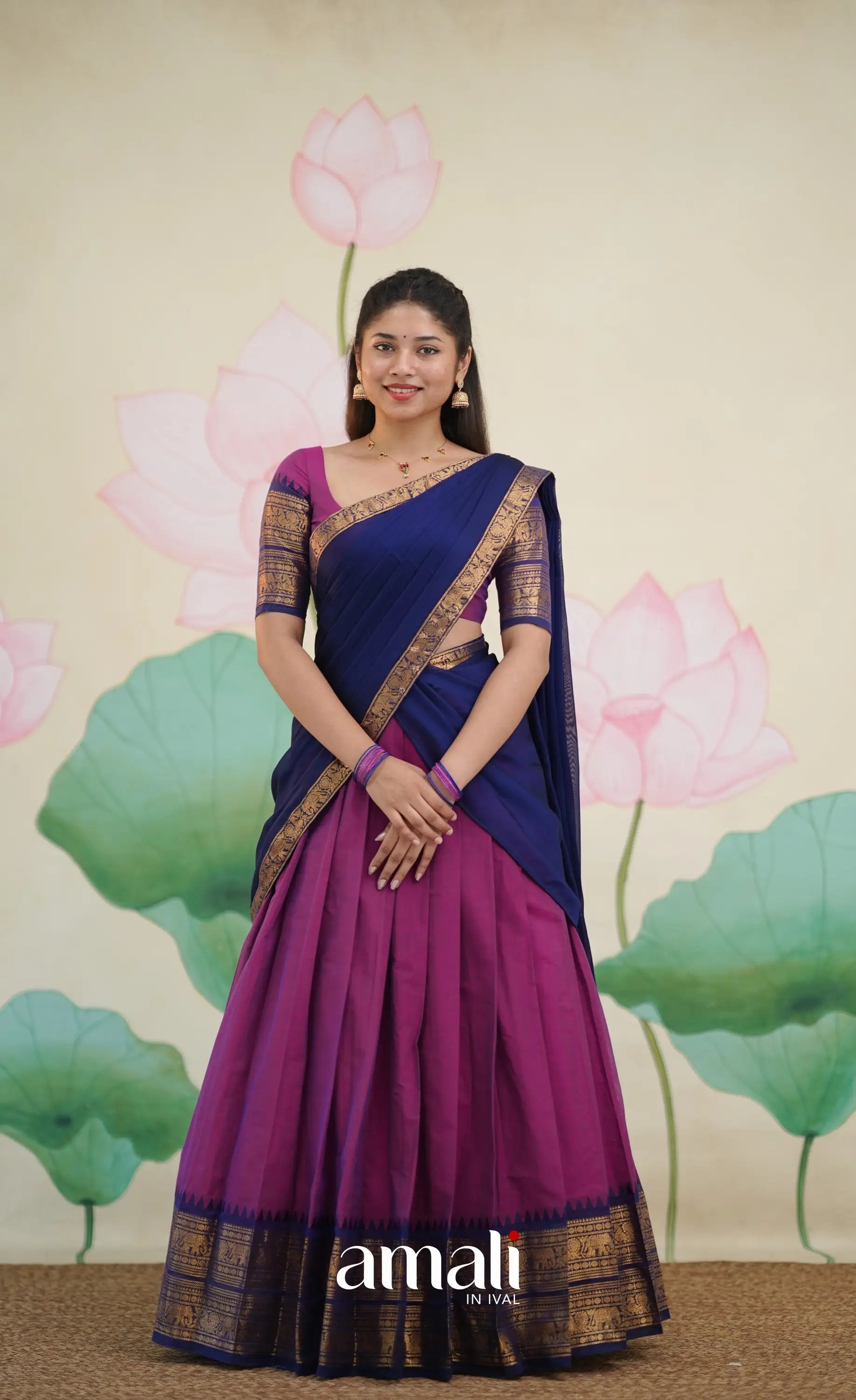 Padmaja Cotton Half Saree - Pinkish Magenta and Navy Blue - Half Sarees