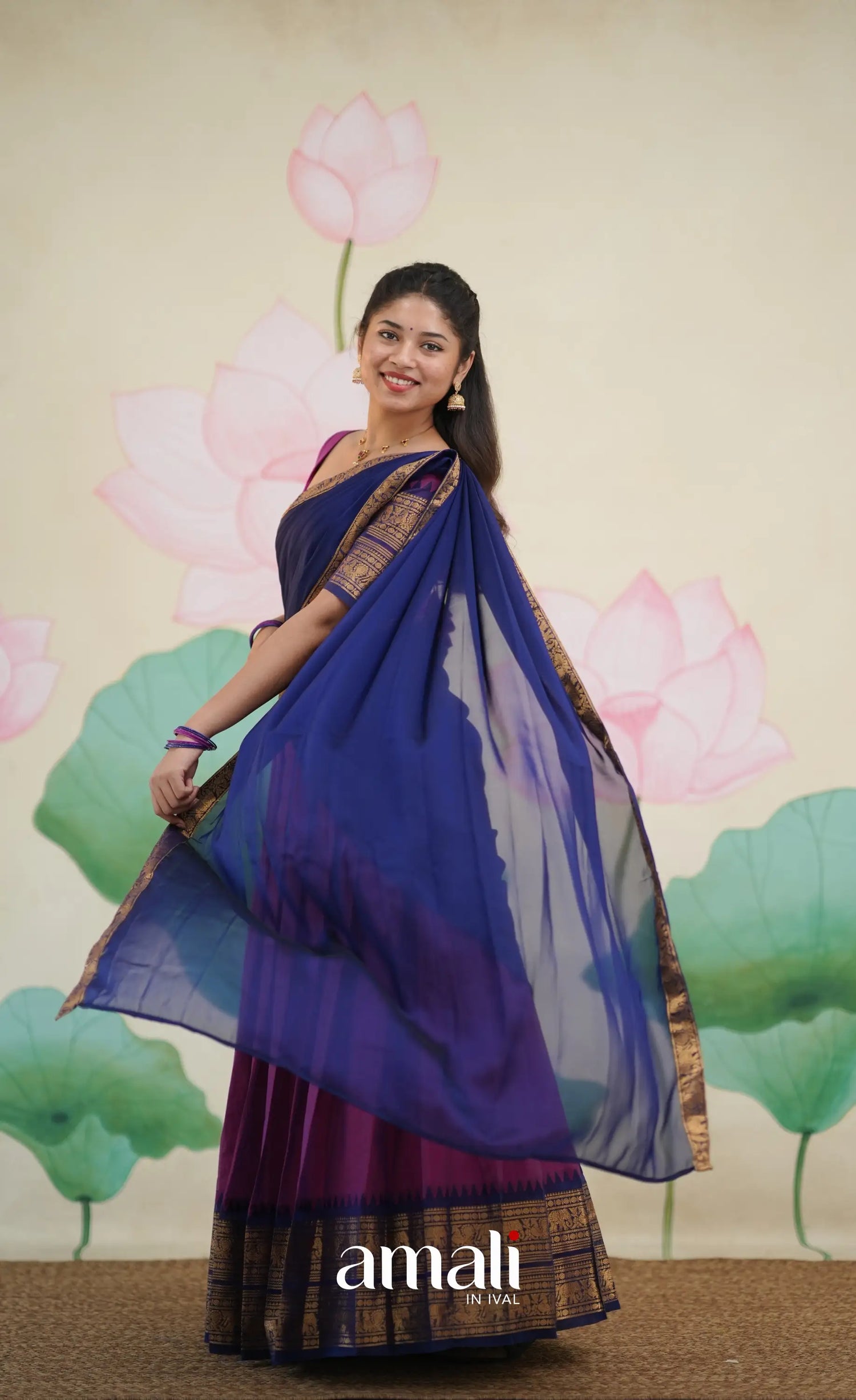Padmaja Cotton Half Saree - Pinkish Magenta and Navy Blue - Half Sarees