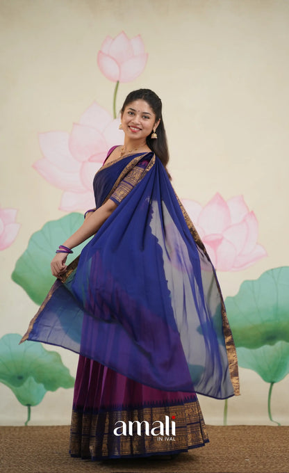 Padmaja Cotton Half Saree - Pinkish Magenta and Navy Blue - Half Sarees