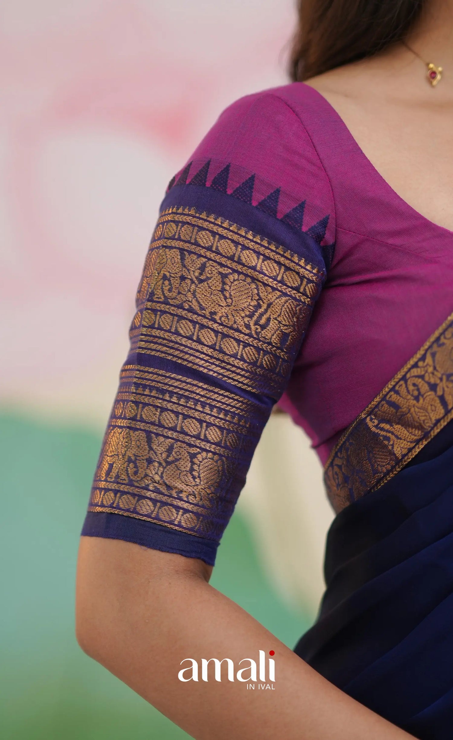 Padmaja Cotton Half Saree - Pinkish Magenta and Navy Blue - Half Sarees