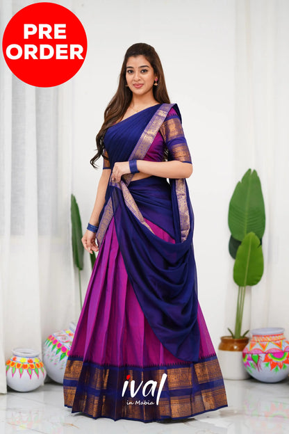 Padmaja Cotton Half Saree - Pinkish Magenta And Navy Blue Sarees