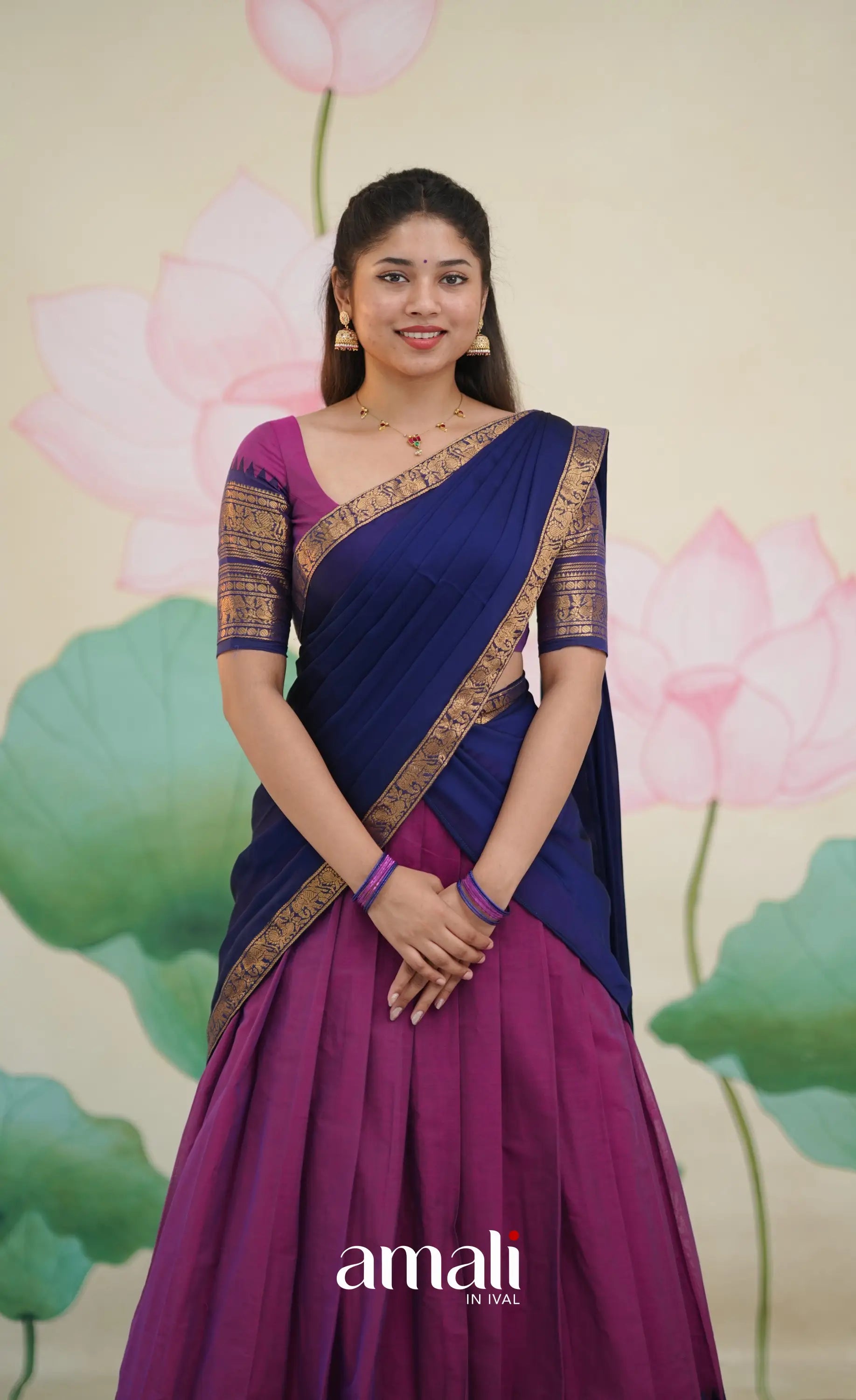 Padmaja Cotton Half Saree - Pinkish Magenta and Navy Blue - Half Sarees