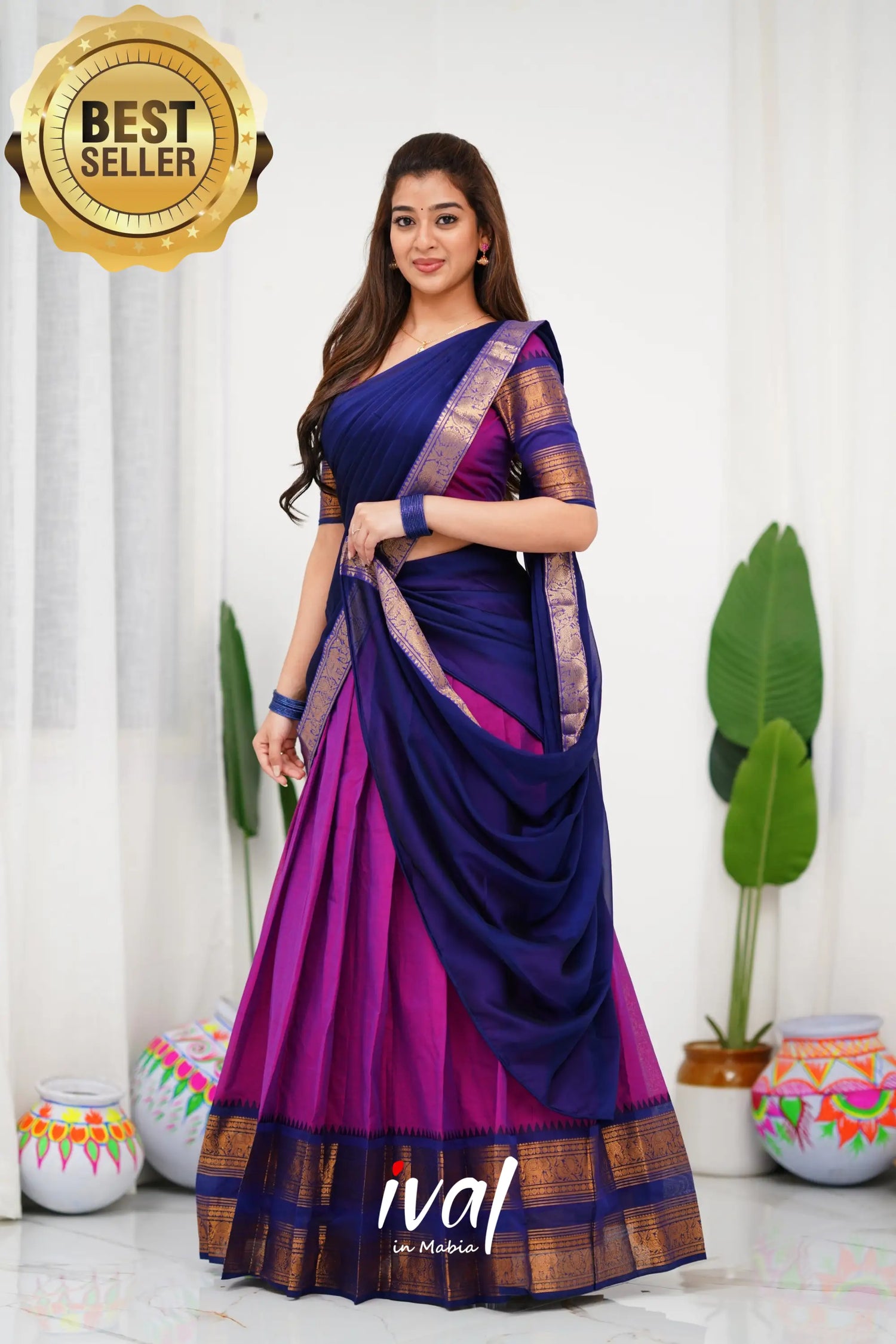 Padmaja Cotton Half Saree - Pinkish Magenta And Navy Blue Sarees