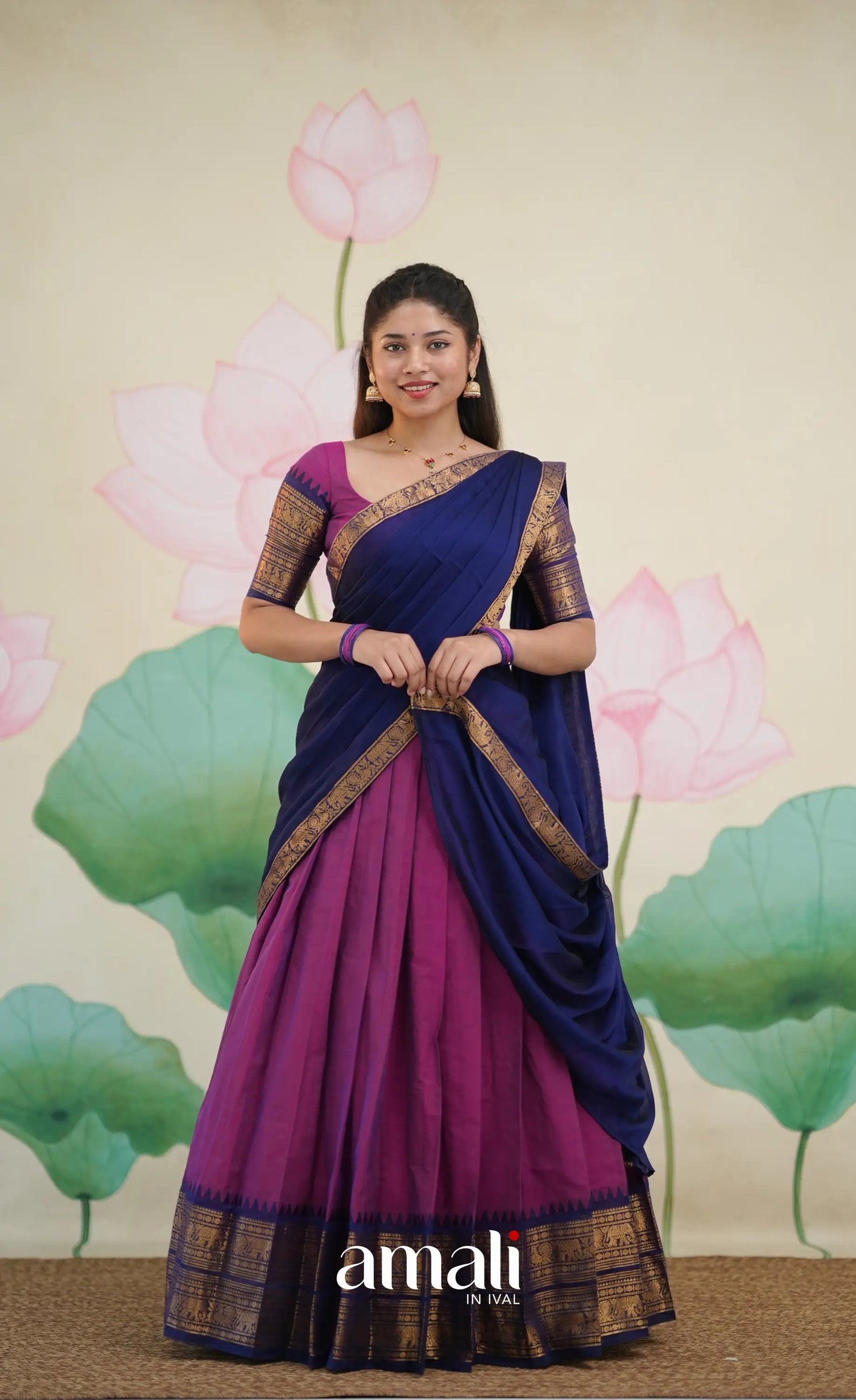 Padmaja Cotton Half Saree - Pinkish Magenta and Navy Blue - Half Sarees