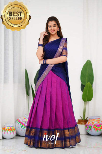 Padmaja Cotton Half Saree - Pinkish Magenta And Navy Blue Sarees