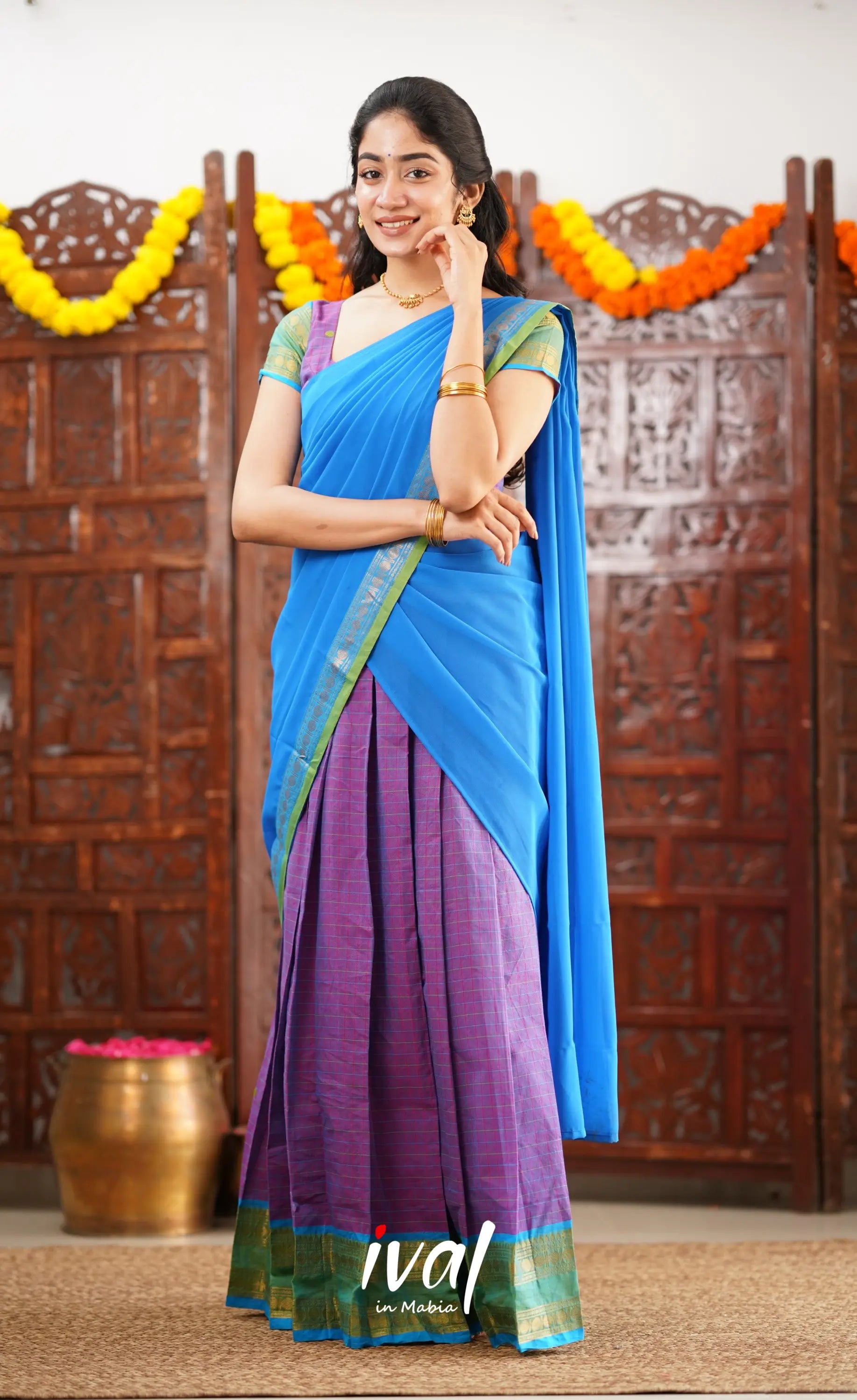 Padmaja Cotton Half Saree - Purple And Blue Sarees