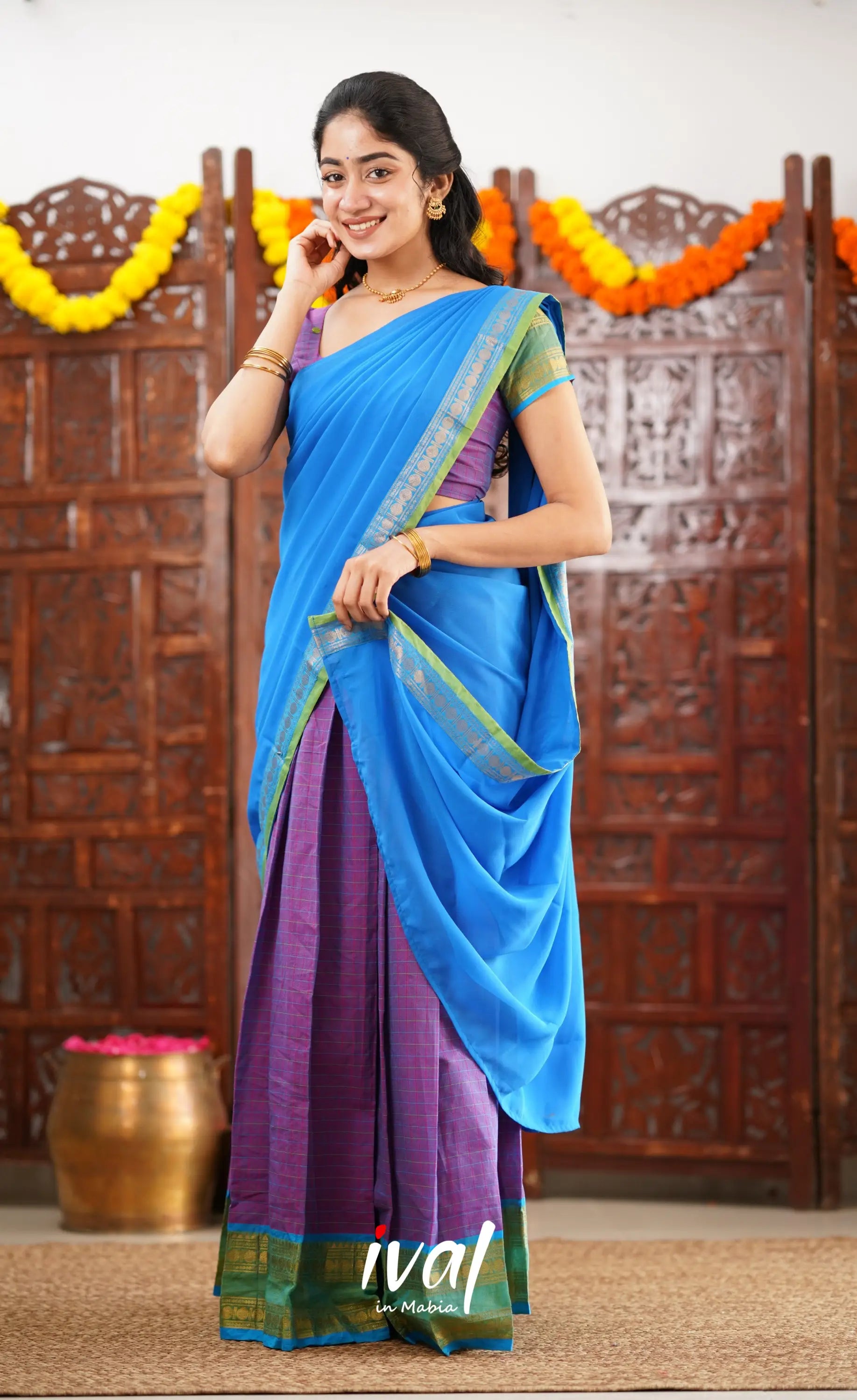 Padmaja Cotton Half Saree - Purple And Blue Sarees